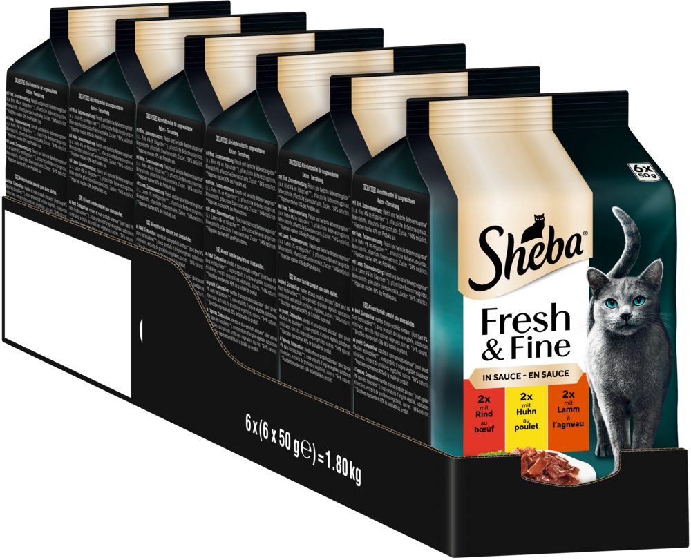 Sheba SHEBA® Fresh & Fine in Sauce mit Rind, Huhn und Lamm 6 x 6 x 50g, Nassfutter für: Katze