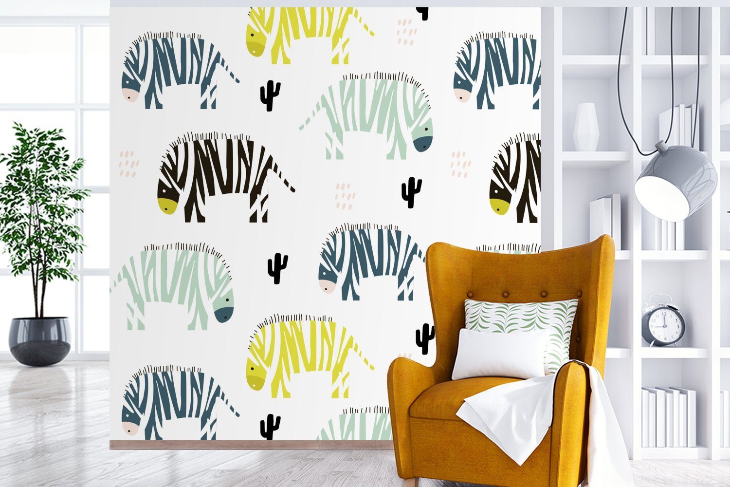 Schlafzimmer, für Tapete Zebra St), Fototapete MuchoWow - bedruckt, oder - (5 Matt, Weiß, Wohnzimmer Wandtapete Vinyl Kaktus