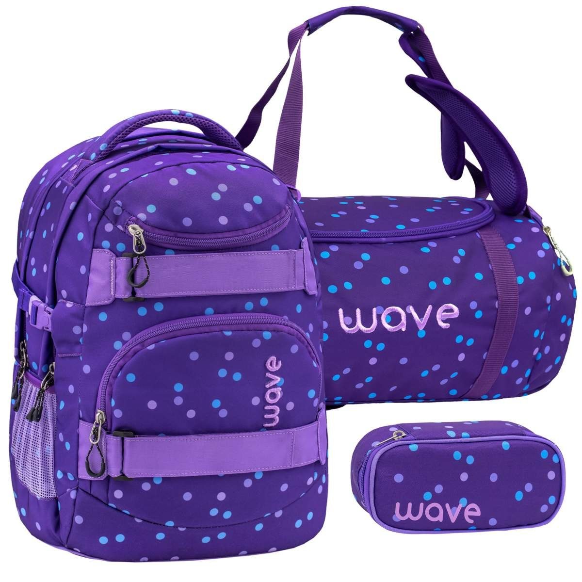 Wave Schulrucksack Infinity, Schultasche, ab 5. Klasse, 3tlg. Set, für Mädchen und Jungen Teenager Purple Dots