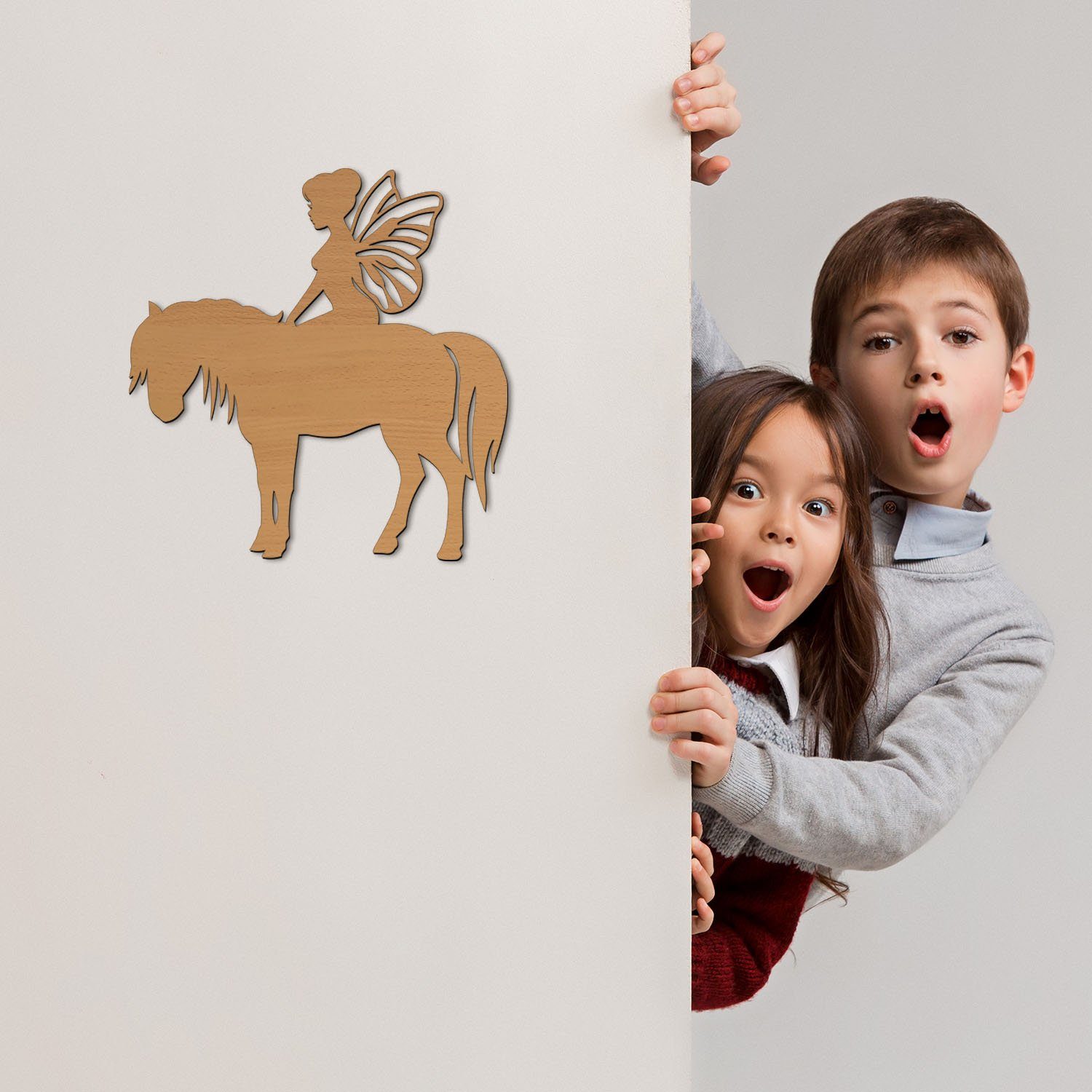 Namofactur LED Nachtlicht 'Fee auf Leuchtdeko für für Kinderzimmer, Pferd' Wand Warmweiß, Wandlampe aus die integriert, fest Holz Mädchen LED MDF