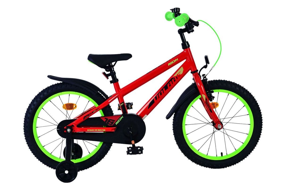Volare Kinderfahrrad 18 Zoll Kinder Fahrrad Kinderfahrrad MTB Rad Bike Rocky Rot 51851, 1 Gang, Rücktritt, Seitenständer, Schutzbleche, Kettenschutz, Stützräder