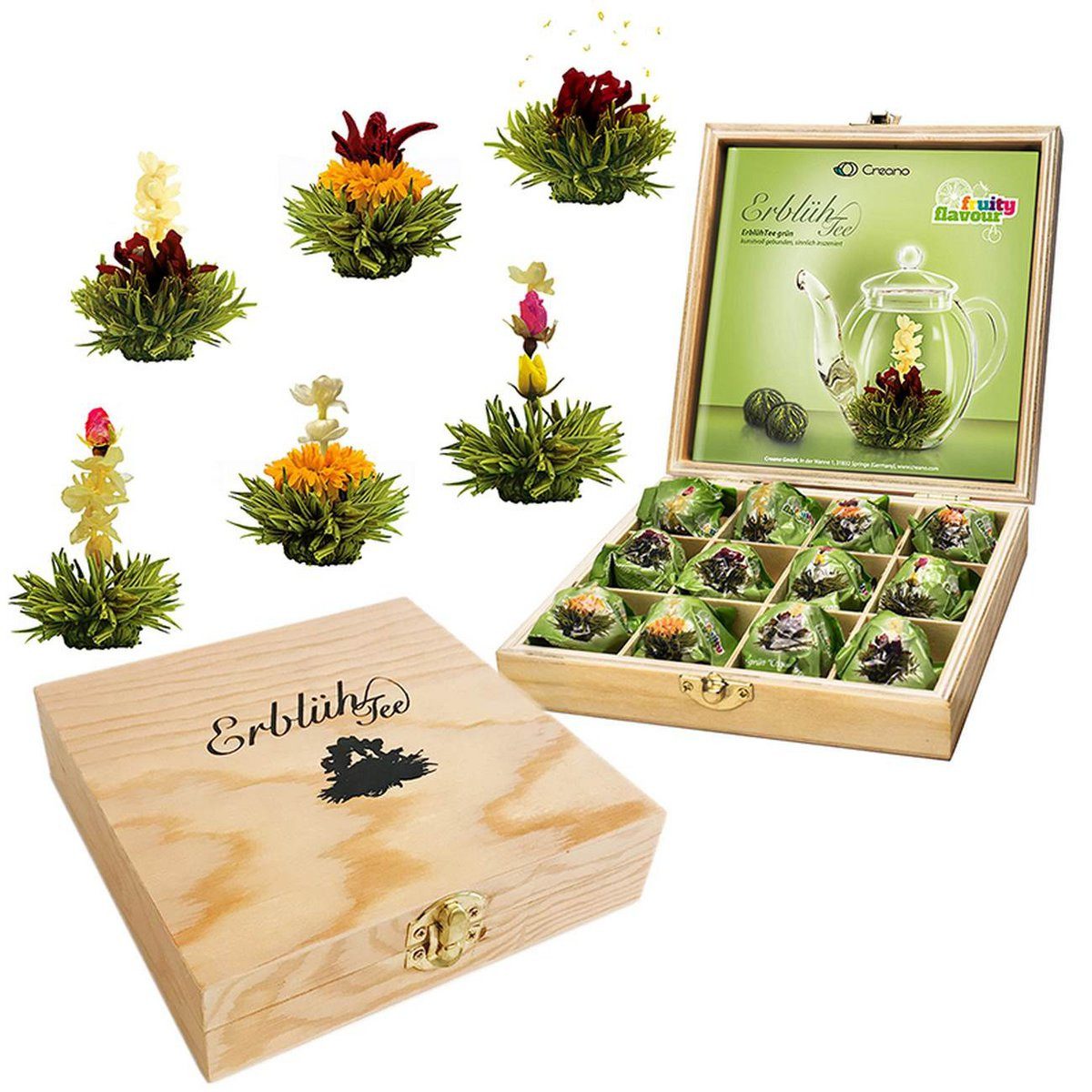 Creano Teebox Creano Teeblumen Geschenkset 12 Erblühtee in 6 Sorten Geschenk