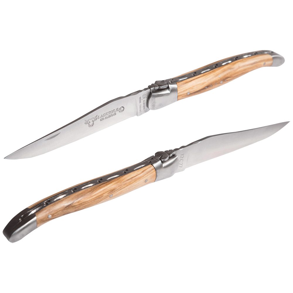 Laguiole en Aubrac Taschenmesser Olivenholz, original mit Zertifikat, Handarbeit, 10 cm Klinge, mit Leinentasche