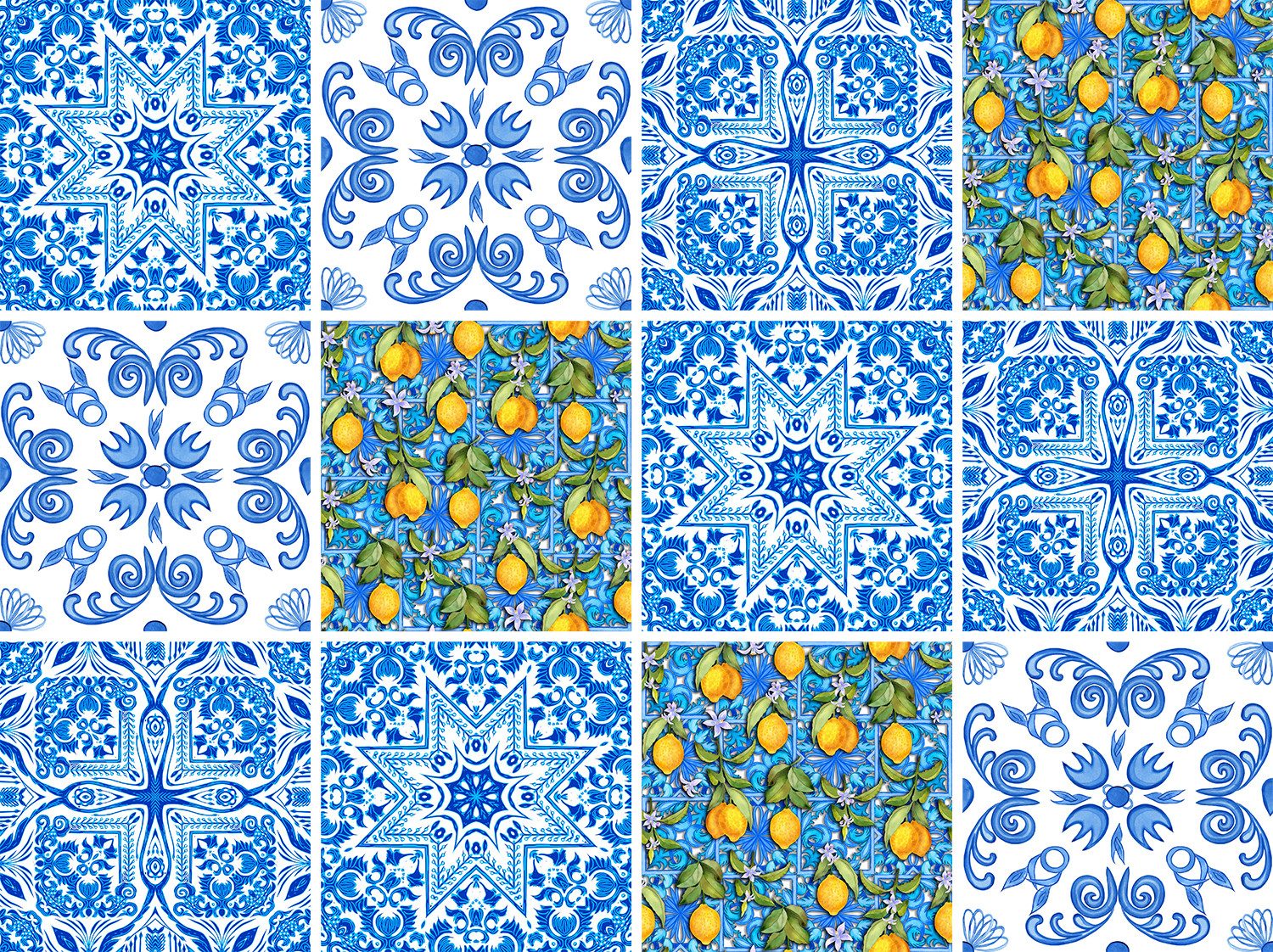 queence Fliesenaufkleber Blaue Ornamente mit Zitronen (12 St), selbstklebend, 12er Set