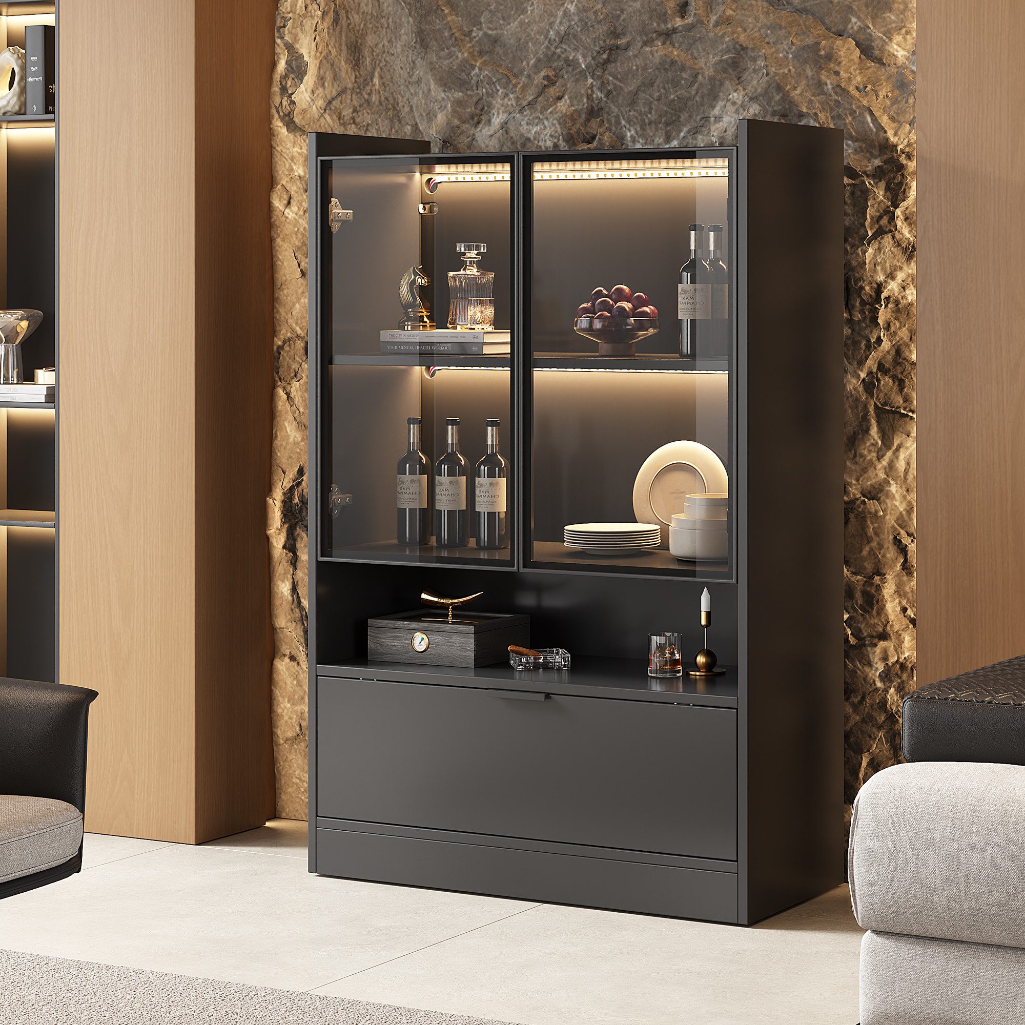 Merax Standvitrine Matt Glasvitrine mit LED-Beleuchtung und Stauraum (1-St., Standregal Schrank Vitrine) Wohnzimmerschrank mit Glastüren und Klapptür, H:120cm – Bild 3 von 5