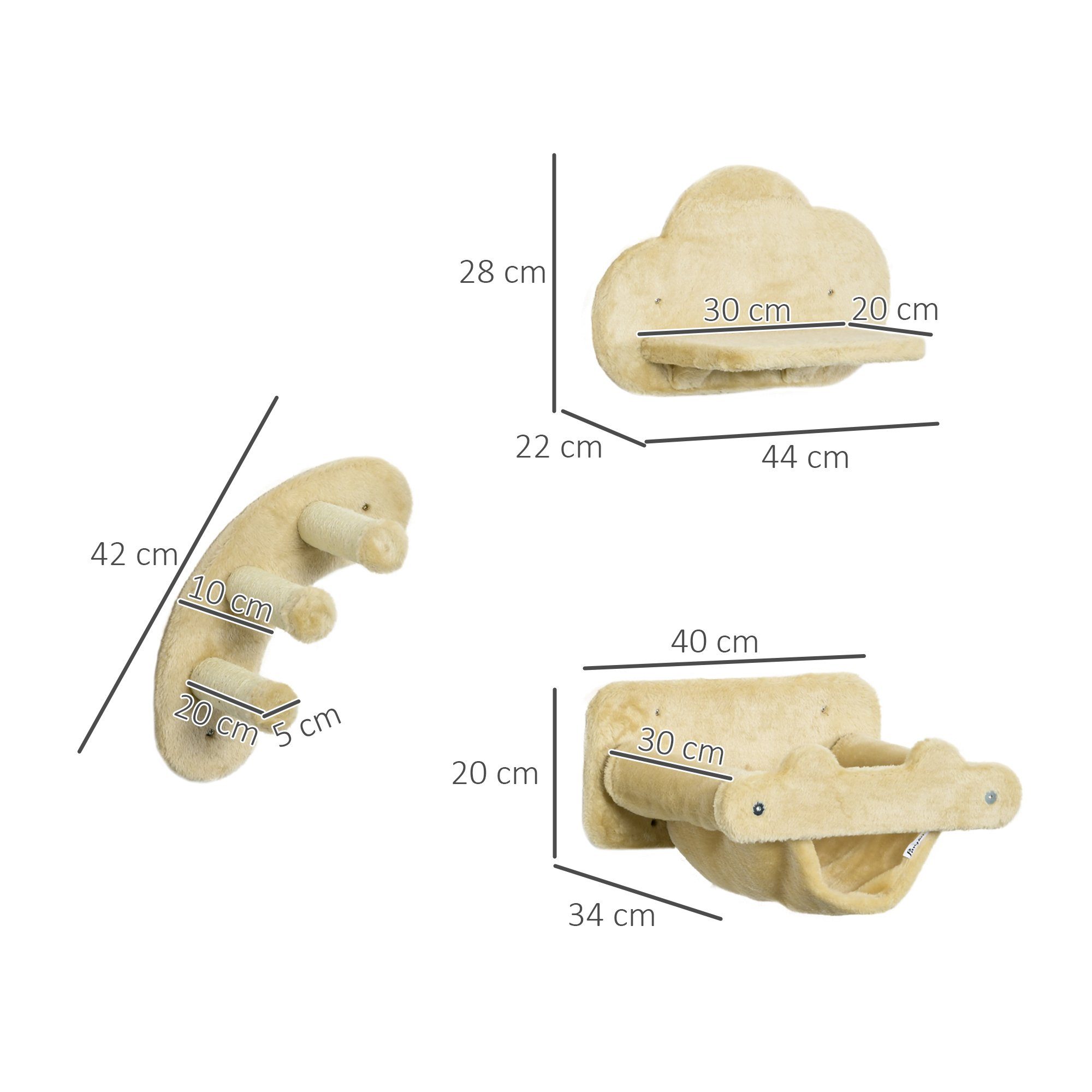 PawHut Katzen-Kletterwand 4-teiliges Set, 3-stufige Sprossenleiter, Hängematte, Plüsch, Beige, Mit Plattformen
