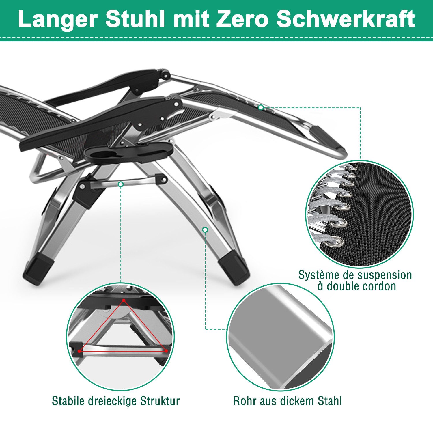 Meulbaty Klappstuhl Klappbar Gartenliege mit Polster Seitentasche, 150 kg Traglast, mit einem dickeren Rahmen und hochwertigen Materialien – Bild 5 von 5