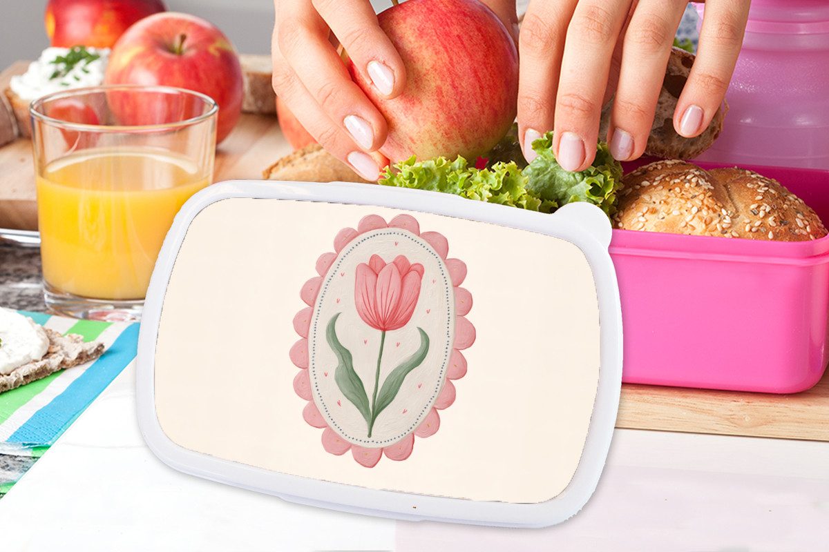 MuchoWow Lunchbox Tulpe - Rahmen - Oval - Illustration, Kunststoff, (2-tlg), Brotdosen, Lunch Box, Brotbox für Kinder und Erwachsene