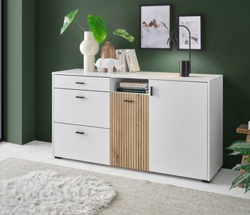 Furn.Design Sideboard Merced (Kommode in weiß mit Eiche, 150 x 80 cm), Soft-Close, mit Staboptik