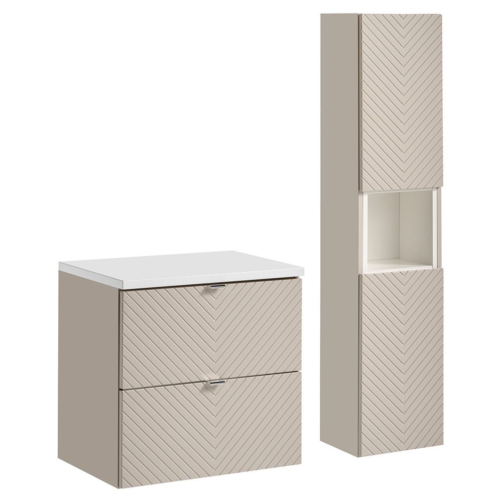 Lomadox Badmöbel-Set VERACRUZ-56, (Spar-Set, 2-St., Waschtischunterschrank Hochschrank), 60cm Unterschrank, gerillte Front, kaschmir mit weiß
