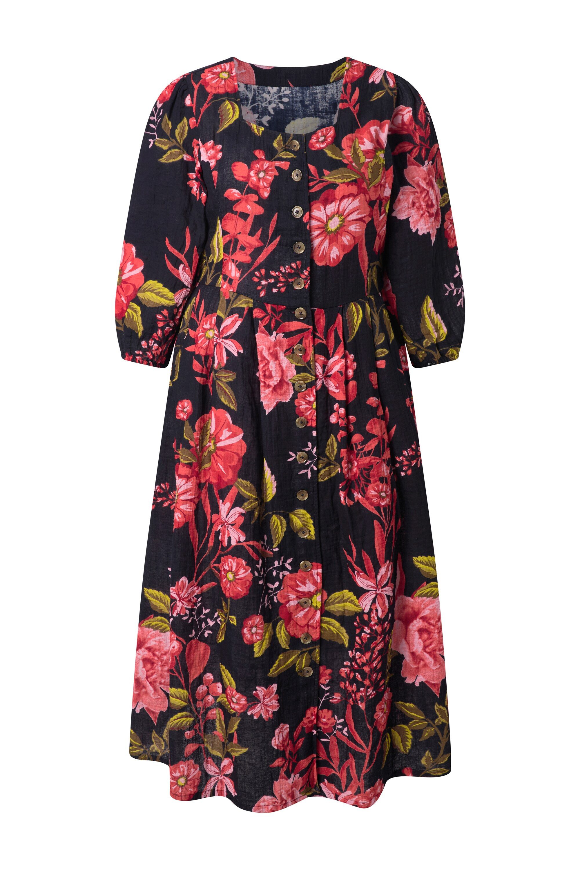 Ulla Popken Dirndl Musselin-Kleid floraler Druck Rundhals 3/4-Arm