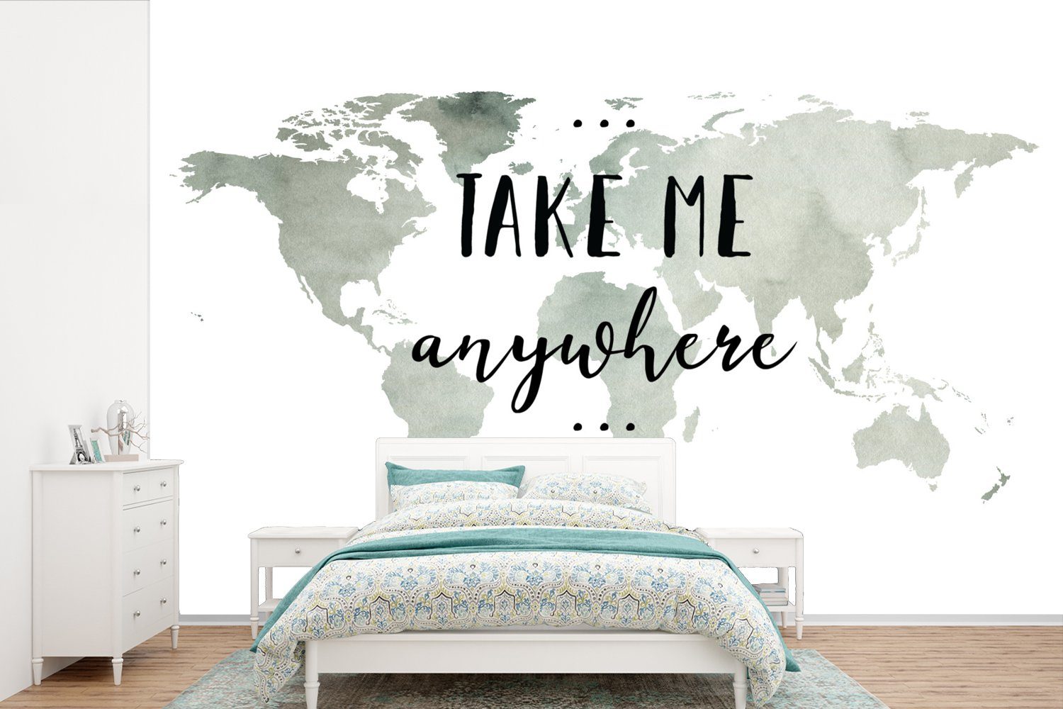 MuchoWow Fototapete Weltkarte - Zitat - Take Me Anywhere, Matt, bedruckt, (6 St), Wallpaper für Wohnzimmer, Schlafzimmer, Kinderzimmer, Vinyl Tapete