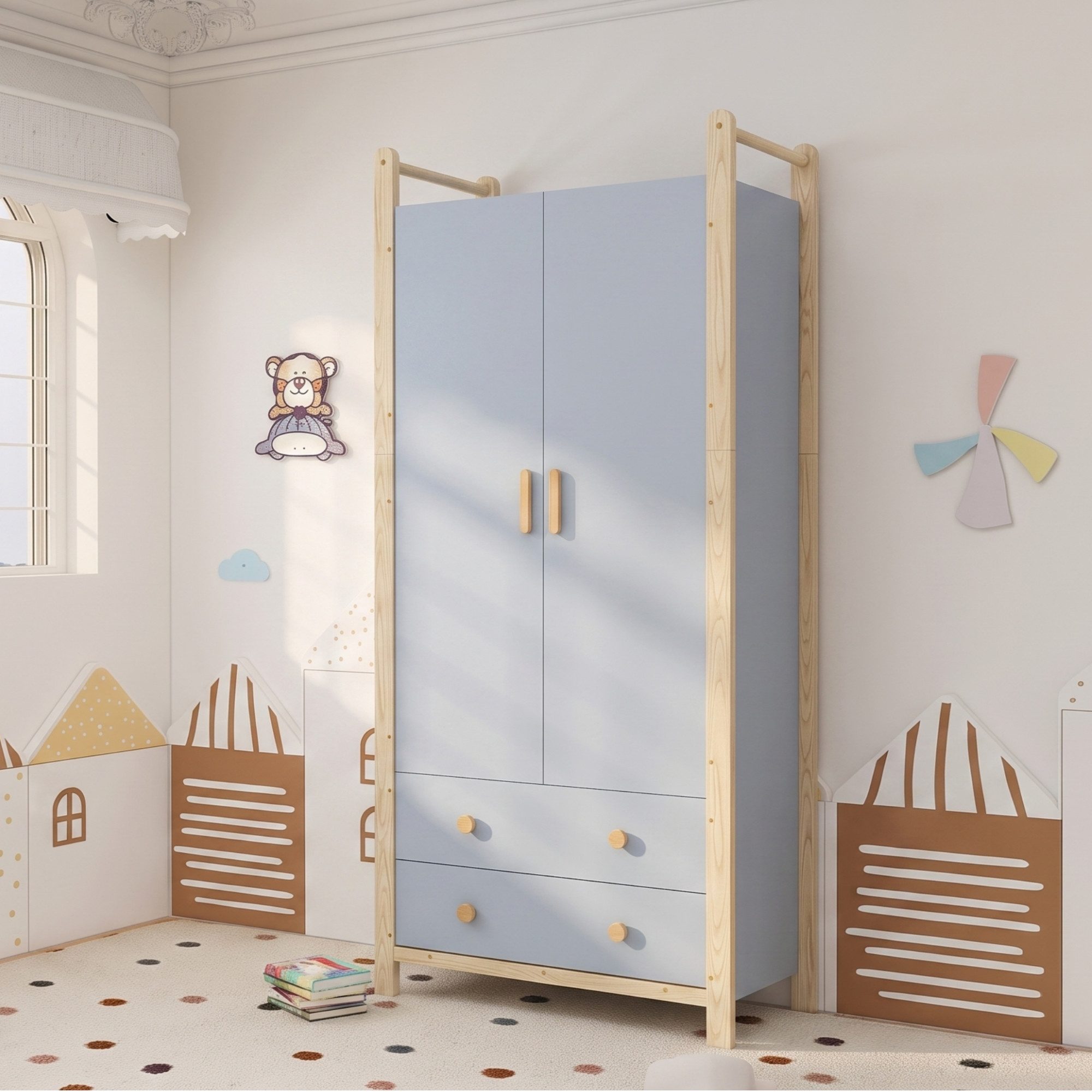 Ulife Kleiderschrank 90×45×180 cm, 2-türiger, mit Kleiderstange, 2 Schubladen (2-St) Flurgarderobe geeignet, aus Spanplatte, blauer Körper + Kieferrahmen – Bild 5 von 5