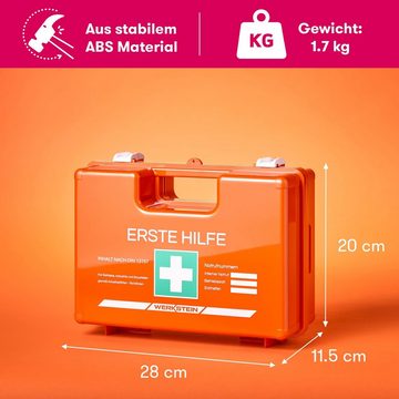 Werkstein Erste-Hilfe-Koffer Inkl. Augenspülflasche 500ml, Wandhalterung, 5x Aufkleber & Plombe, Mit Inhalt nach DIN 13157:2021