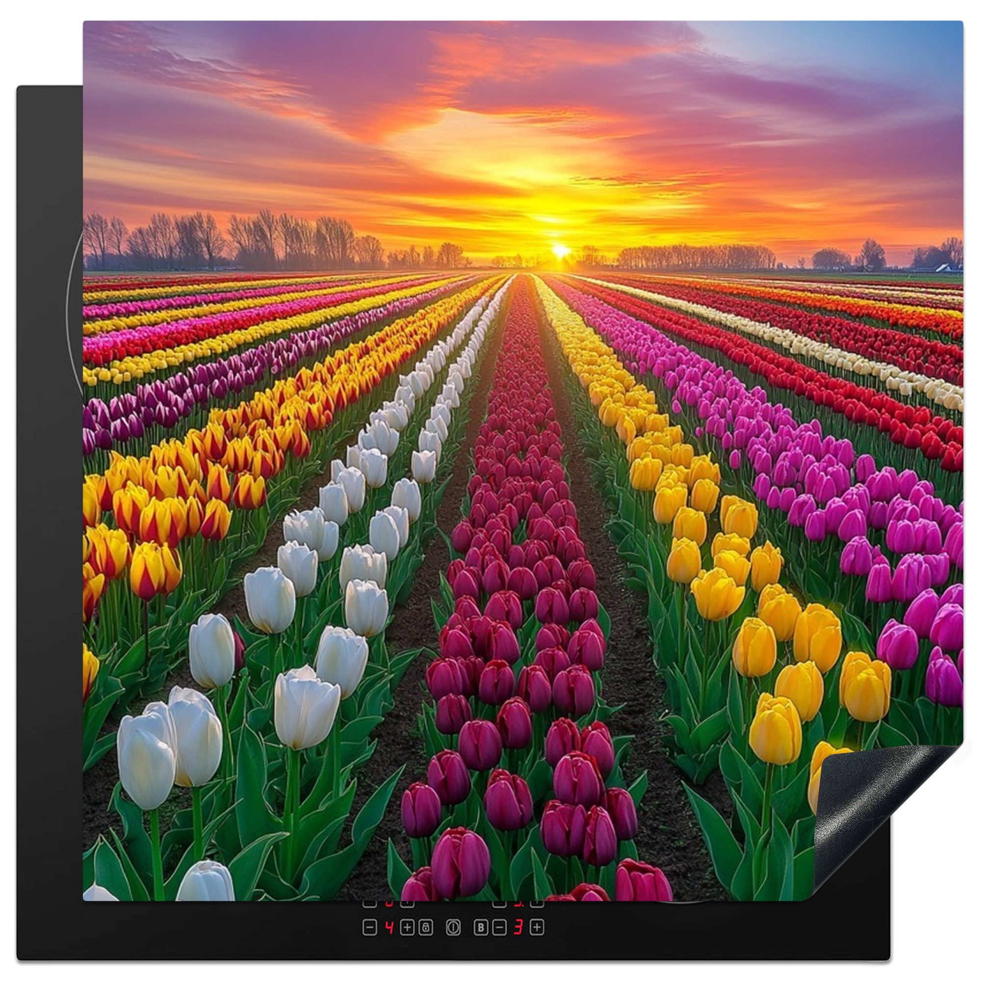 MuchoWow Herd-Abdeckplatte Tulpenfeld - Sonnenuntergang - Farbenfroh, Vinyl, (1 tlg), Cerankochfeld Abdeckung, Herd Abdeckplatten Vinyl, 58x59 cm