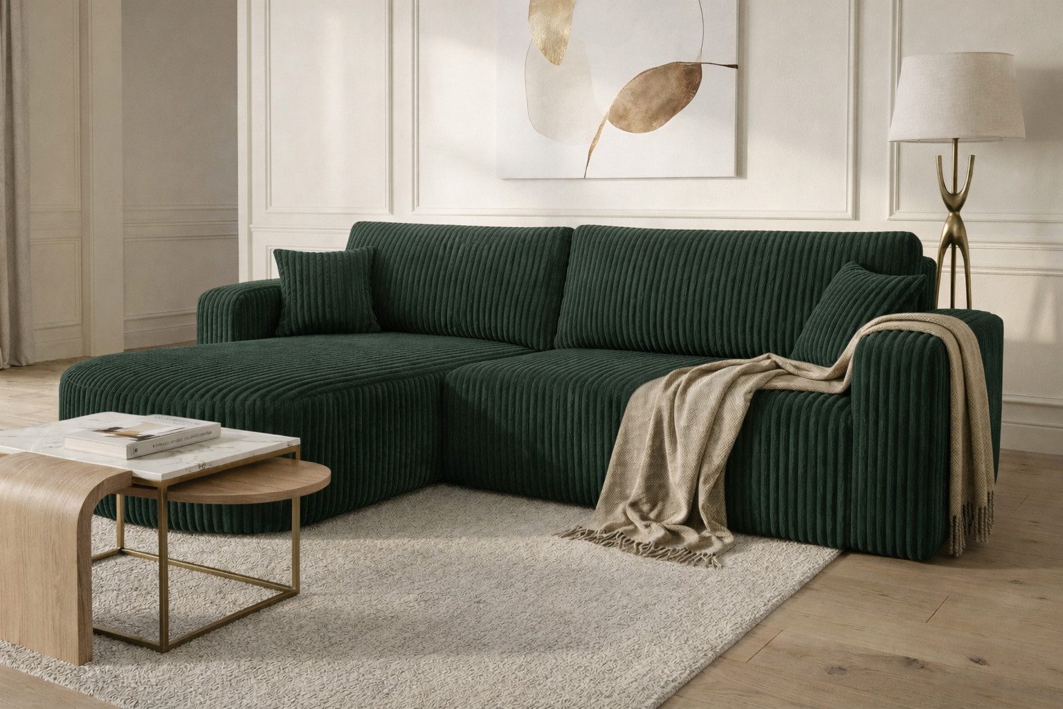 Kaiser Möbel Ecksofa mit Schlaffunktion für Wohnzimmer, Cordstoff Tilia, ROUND ONE XL, XL-Format, abgerundete Form, Liegefunktion, Stauraum