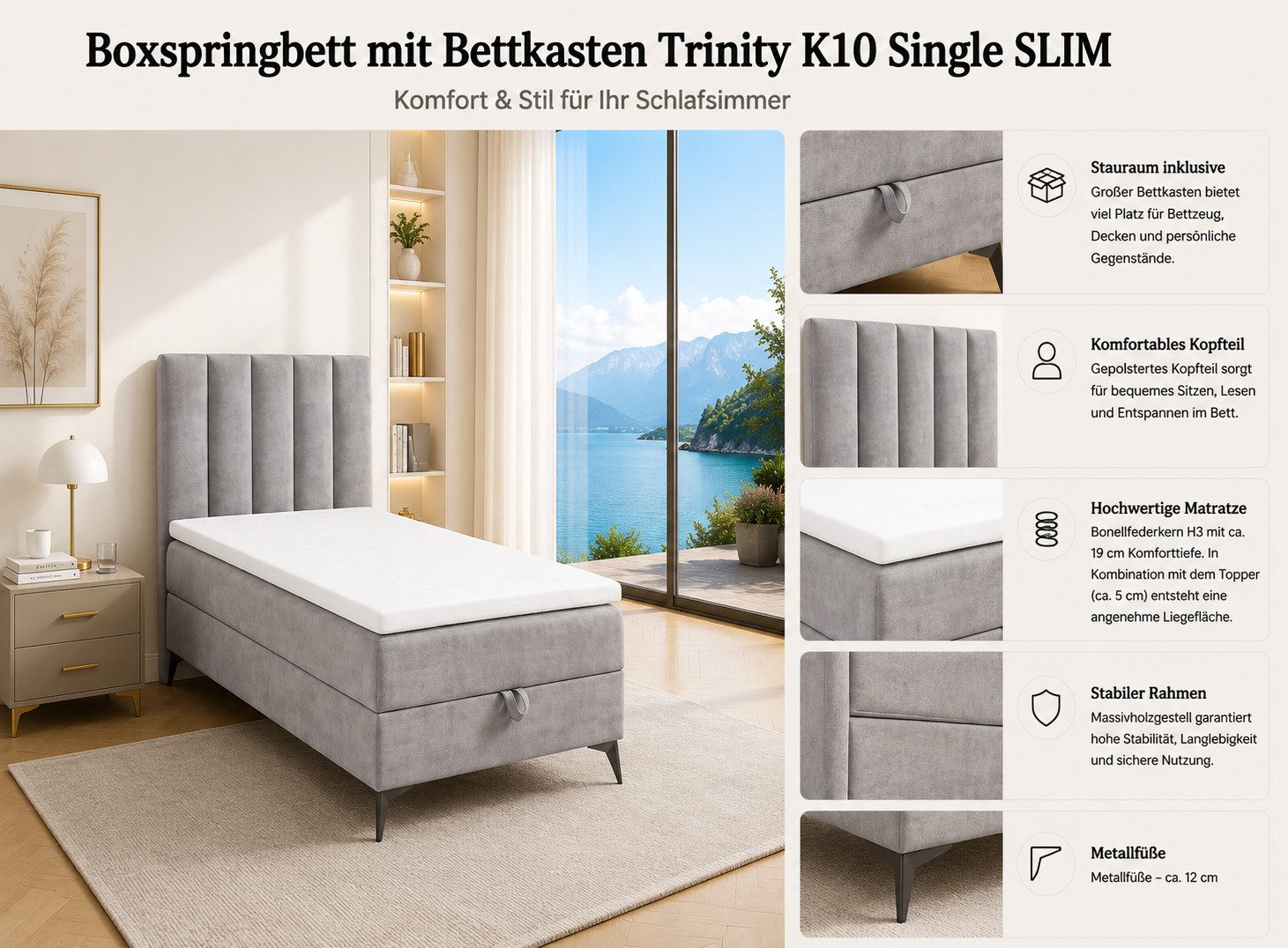 Best for Home Boxspringbett K10 Single SLIM mit Bettkasten & Bonellfederkernmatratze, Topper H3 (Einzelbett, Polsterbett, Kinderbett, Juniorbett, Hotelbett, 70x200 80x200 90x200 100x200 cm), mit oder ohne Topper, Flexible Liefermöglichkeiten, Handwerksqualität