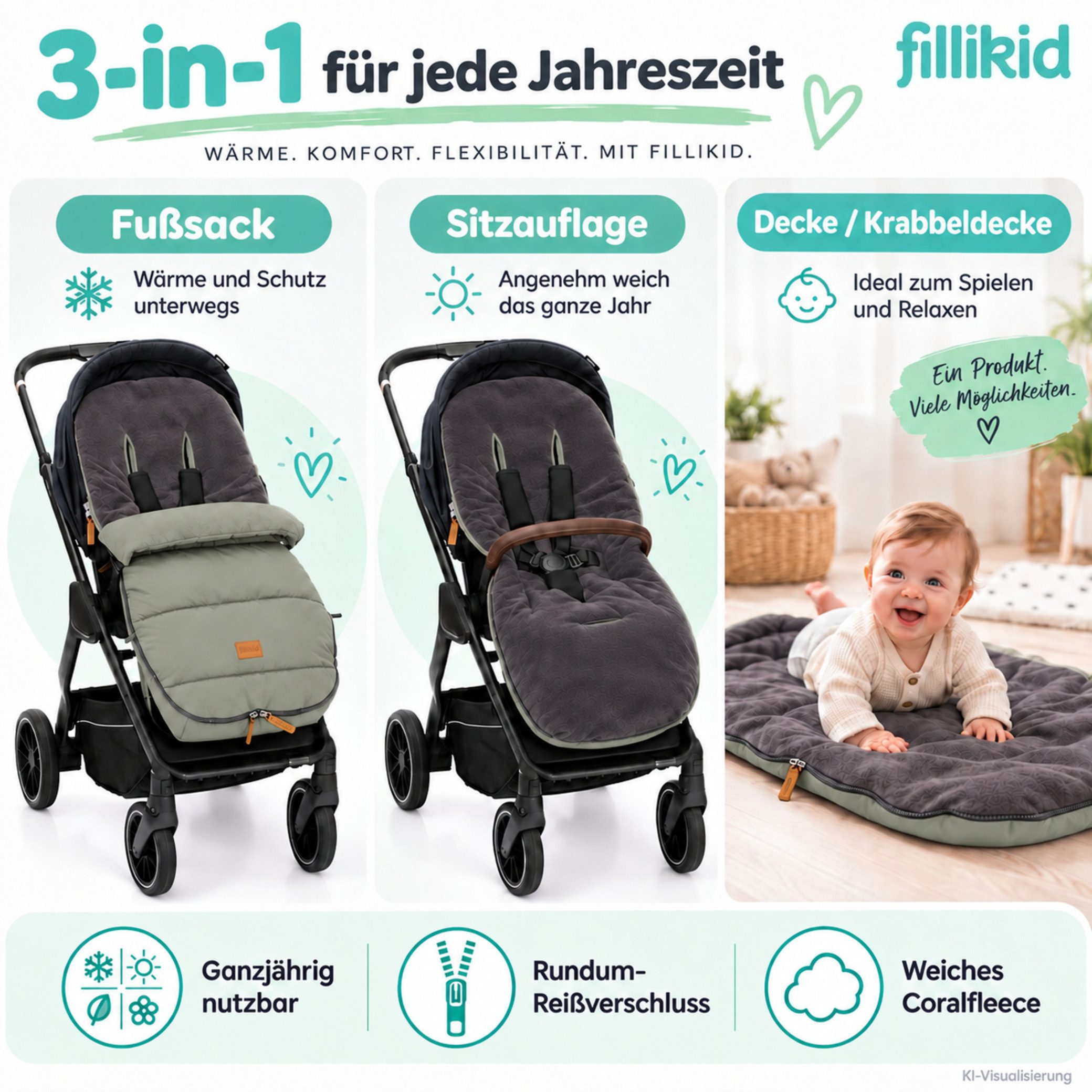 Fillikid Fußsack Winterfußsack Kinley Exklusiv, warmer Winterfußsack waschbar mit Rundum Reißverschluss und – Bild 2 von 5