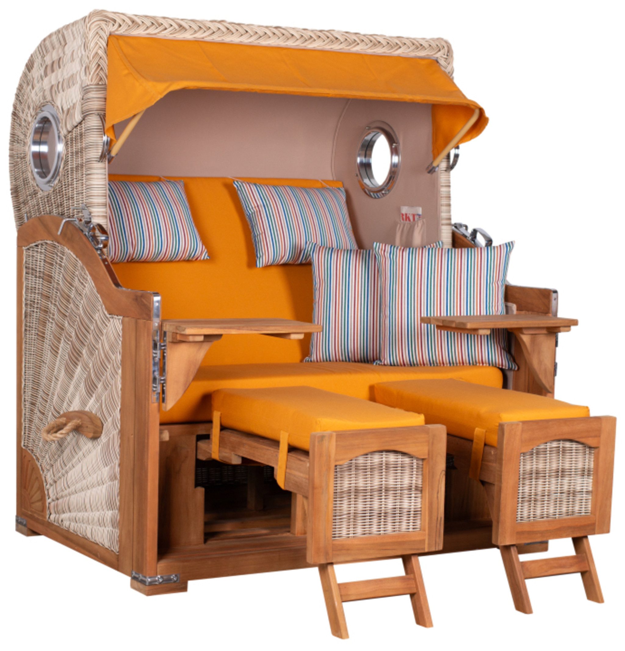 MR.DEKO Strandkorb XXL Düne Grande Teak PE Shell 2,5 Sitzer mit Bullauge, BxTxH: 142x95x170 cm, Volllieger, Düne, (Fertig montierter Strandkorb für Garten, Terrasse & Balkon), Wetterfester Volllieger mit Edelstahlbeschlägen & waschbaren Polstern