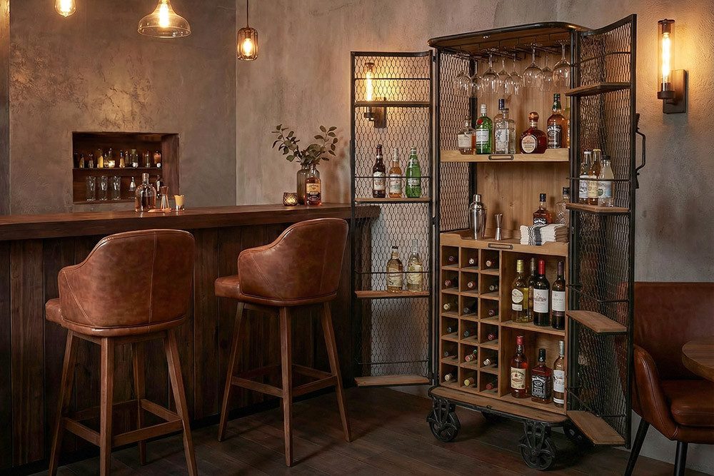 riess-ambiente Barschrank LOFT 150cm natur - Pinienholz, Metall, Weinregal inkl. Fächern (Einzelartikel, 1-St) Möbelstück mit Stauraum & Rollen – ideal für Dein Industrial Design