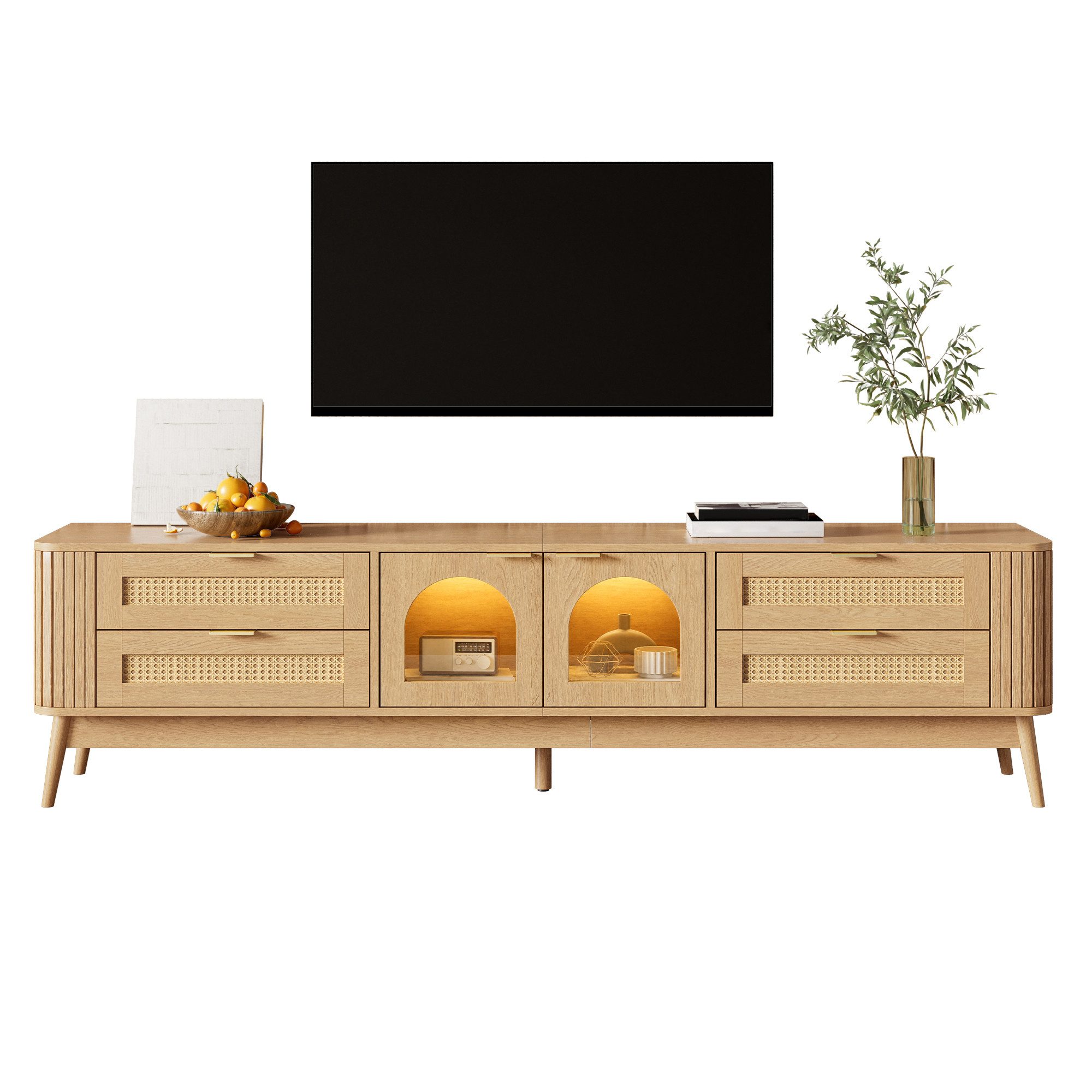 Merax Lowboard mit LED-Beleuchtung per App (Sideboard Fernsehmöbel TV-Schrank, 1 St., 180 L x 40 B x 50 H cm), Lowboard mit gebogenen Glastüren,4 Schubladen,Stauraum,Massivholzfüßen