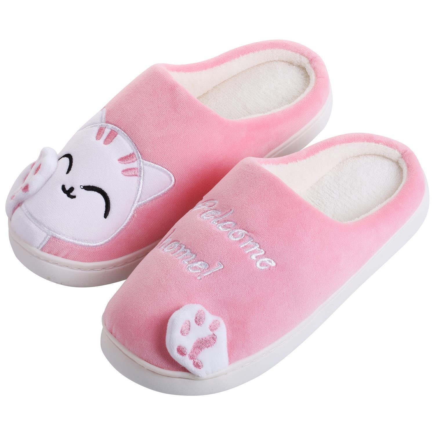 Katara Tier Pantoffeln Gr. 34-41 (Einhorn, Katze, Hase) Plüsch Hausschuhe Hausschuhe, weich, warm, süß, kuschelig, Plüsch Katze (Weiß-Pink)