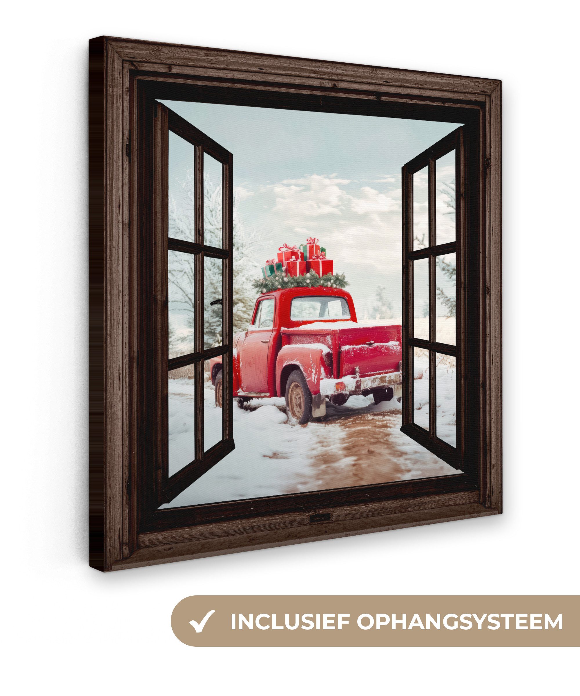 OneMillionCanvasses® Leinwandbild Fensterblick - Auto - Rot - Winterlandschaft - Weihnachten, Fotodruck (1 St), Wandbild, Deko Schlafzimmer Wohnzimmer Flur 20x20 cm