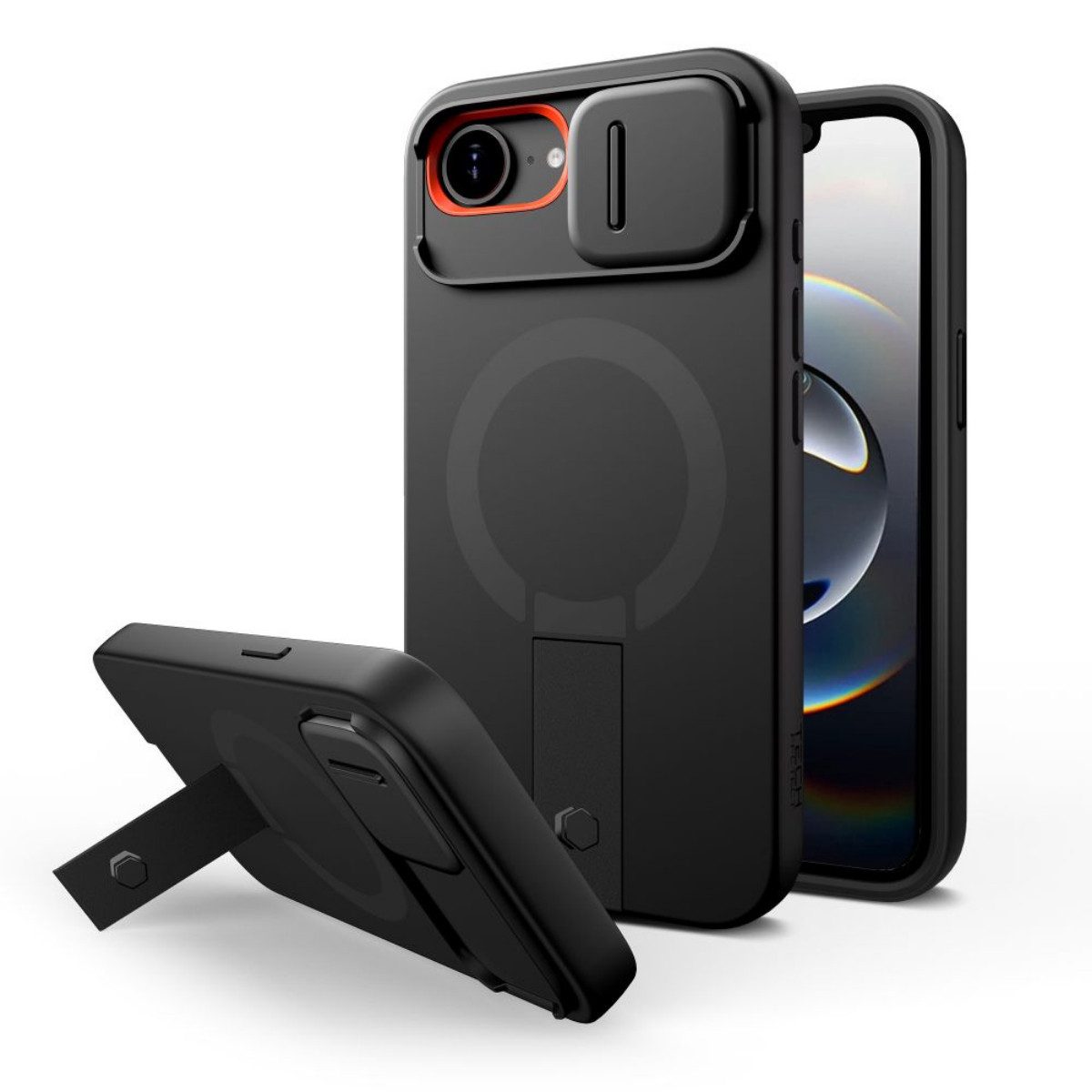 TECH PROTECT Handyhülle Kevlar Aura mit Magnetfunktion Kompatibel mit iPhone 16e Schwarz 6,1, 360° Schutz mit Kameraabdeckung und Ständerfunktion