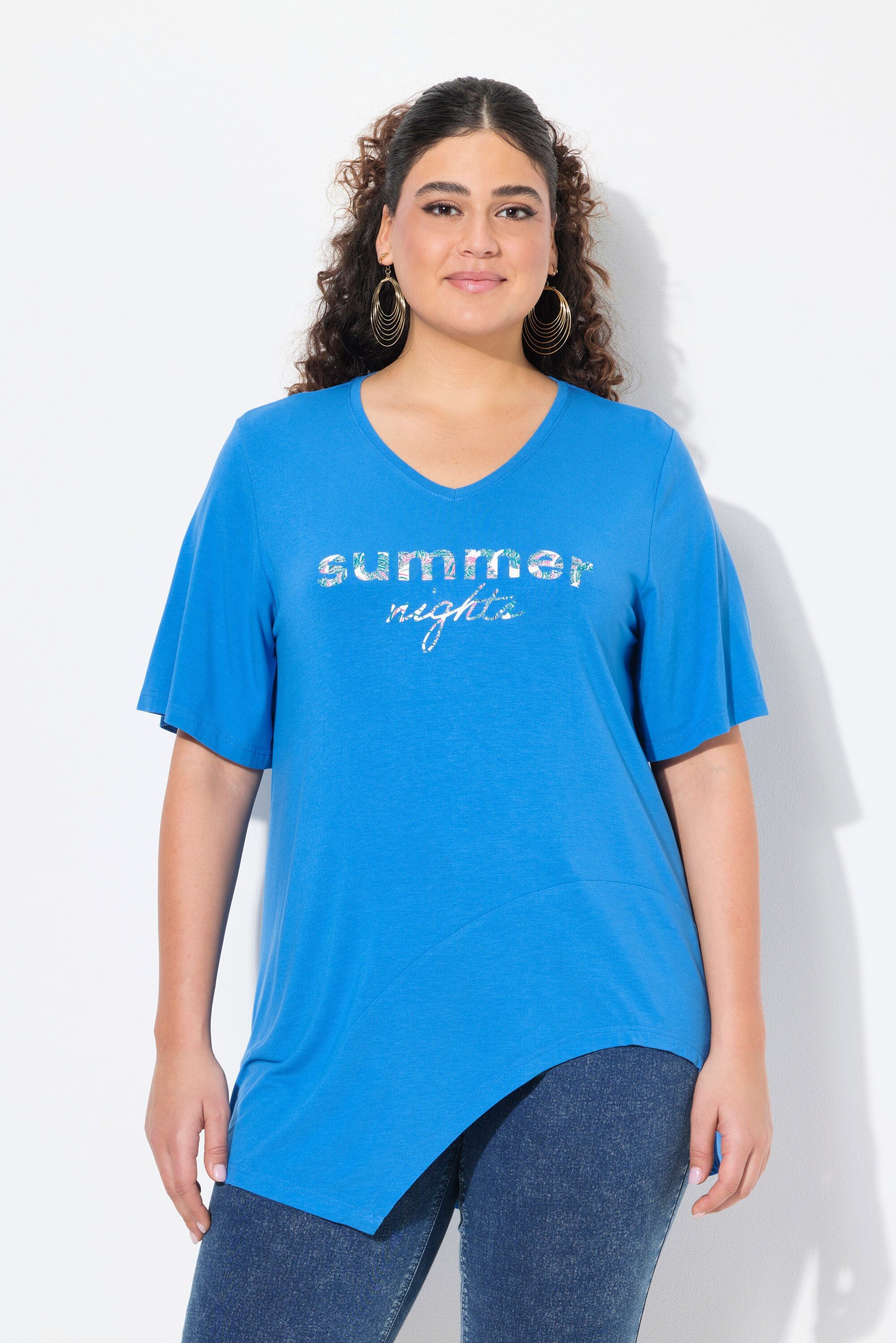 Ulla Popken Longshirt T-Shirt Schriftzug Volant V-Ausschnitt Halbarm günstig online kaufen