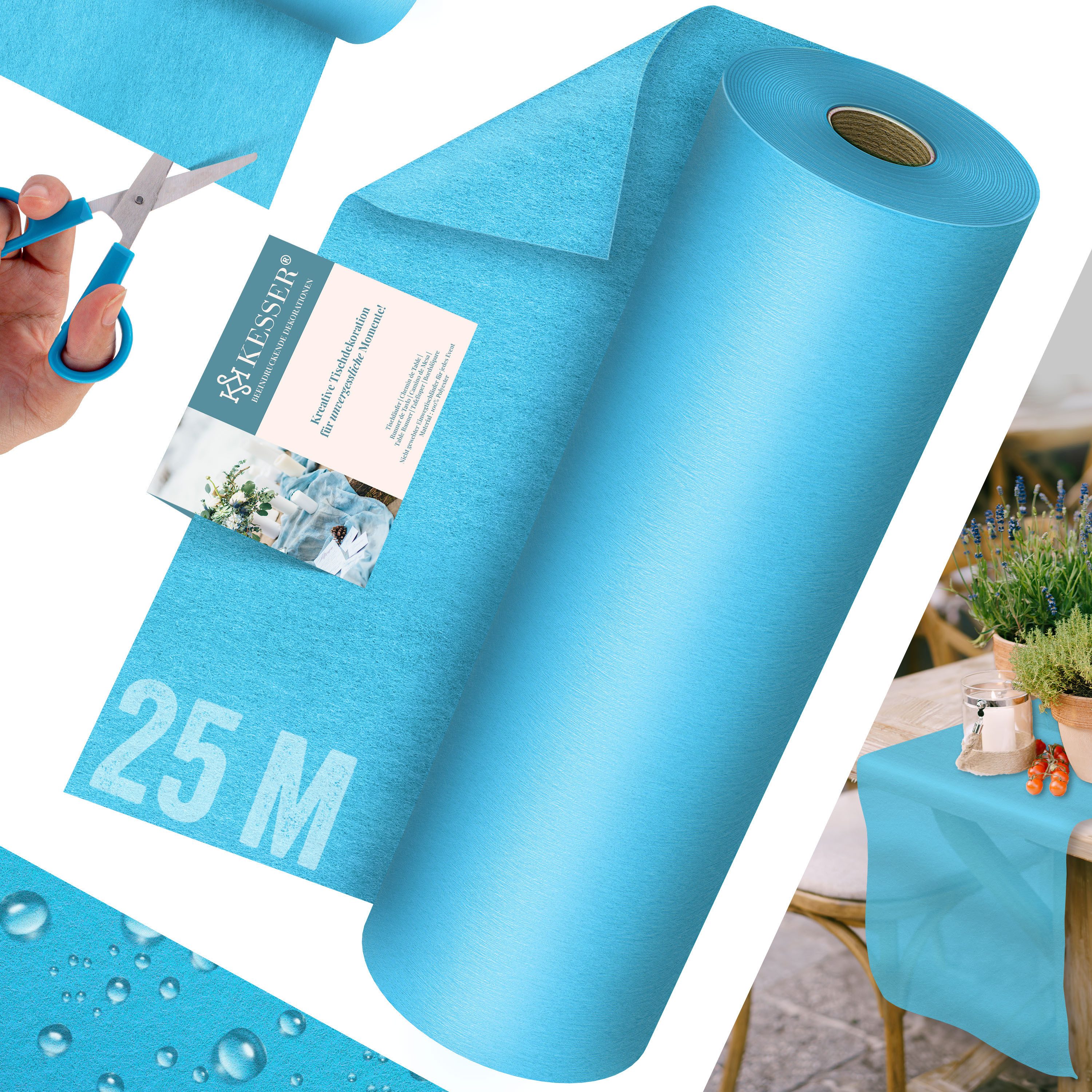 KESSER Tischläufer 25 m × 30 cm, wasserabweisend & abwaschbar, 30 g/m², anpassbare Vlies-Tischdekoration – für Feste aller Art geeignet