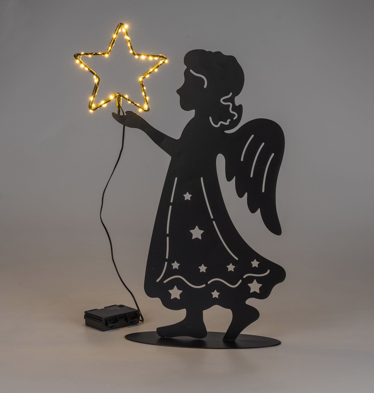 formano LED Dekolicht LED-Engel mit Leuchtstern Timer schwarzes Metall 48cm Weihnachtsdeko, LED fest integriert