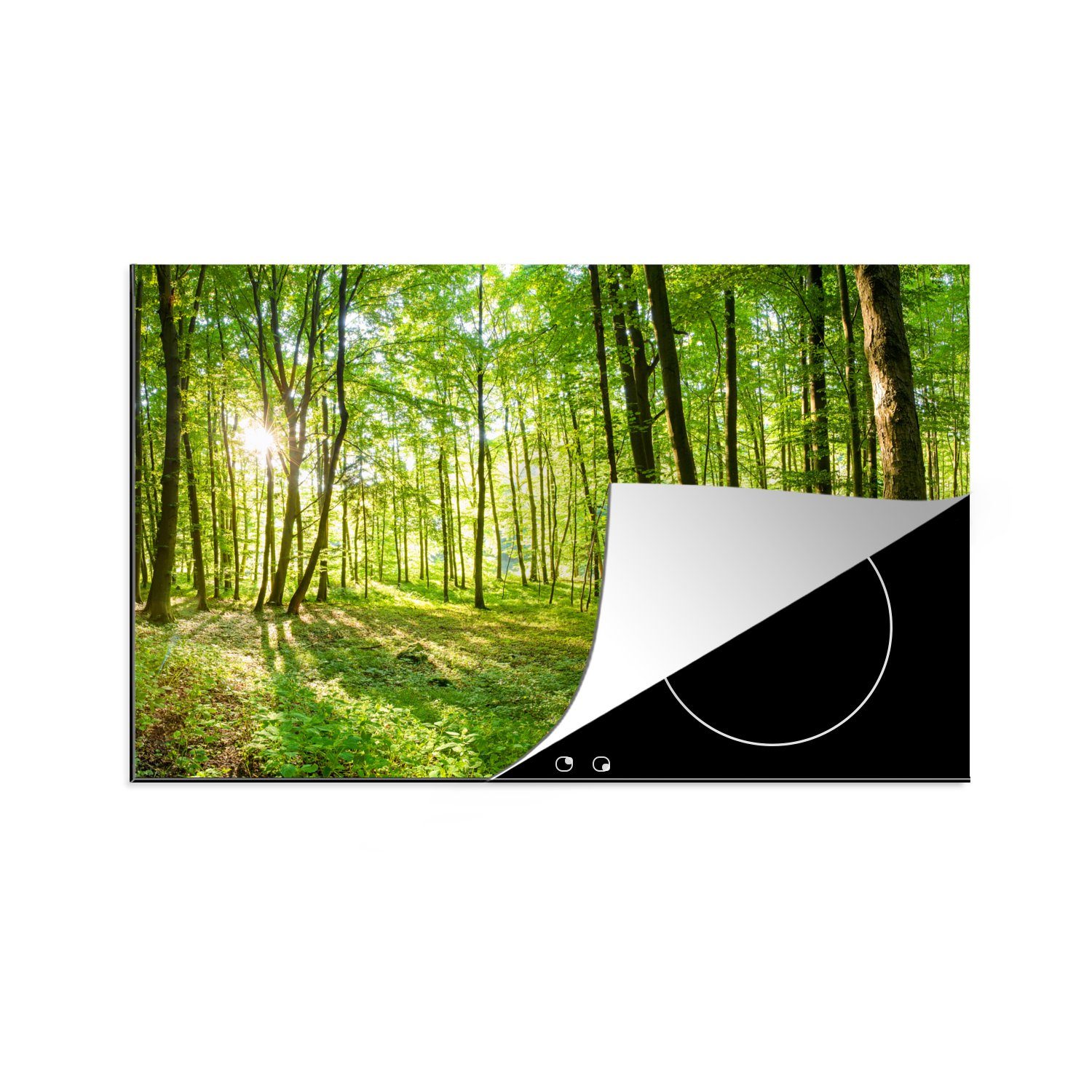 MuchoWow Herdblende-/Abdeckplatte für cm, - tlg), Wald - Vinyl, Natur Grün (1 Arbeitsplatte Ceranfeldabdeckung, - - Bäume küche Sonnenlicht, 81x52