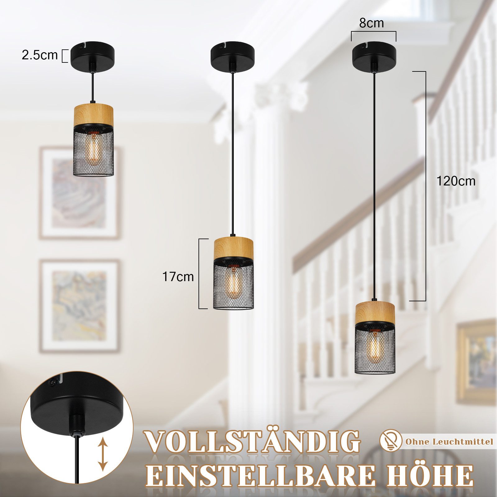 ZMH Pendelleuchte Esszimmer 1/3 Flammig Hängeleuchte Schwarz Holzmaserung Bar Flur, Einfache Installation, ohne Leuchtmittel, Industrial E27 Esstischlampe für Schlafzimmer Küche