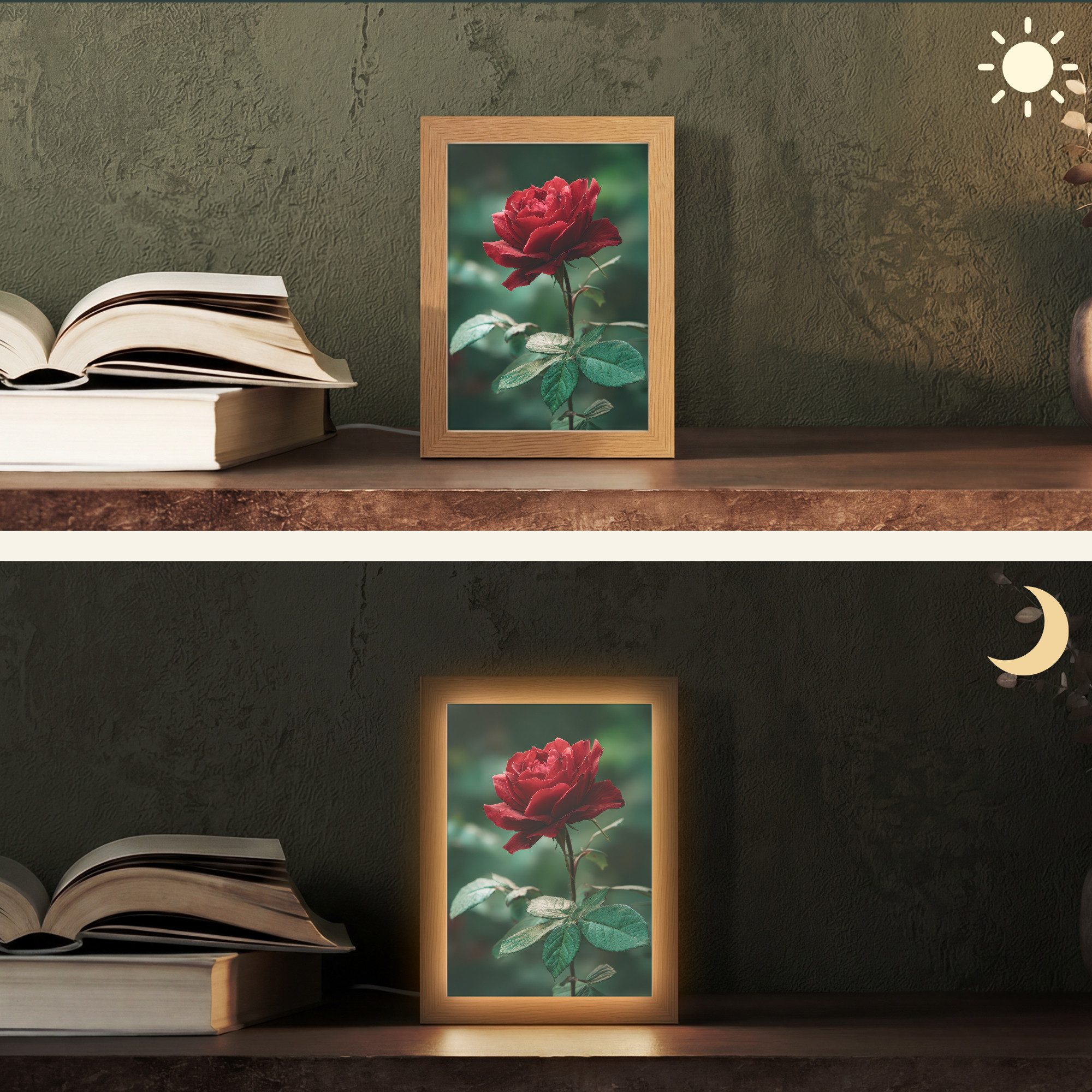 OnlyWow Tischleuchte Lightbox Rose - Blätter - Tiefrot, Dimmbar, Farbwechsel, LED, Warmweiß, Kaltweiß, Neutralweiß Einstellbar, Tischlampe, Schreibtischlampe, Desk, Dimmbar, mit Kabel, LED