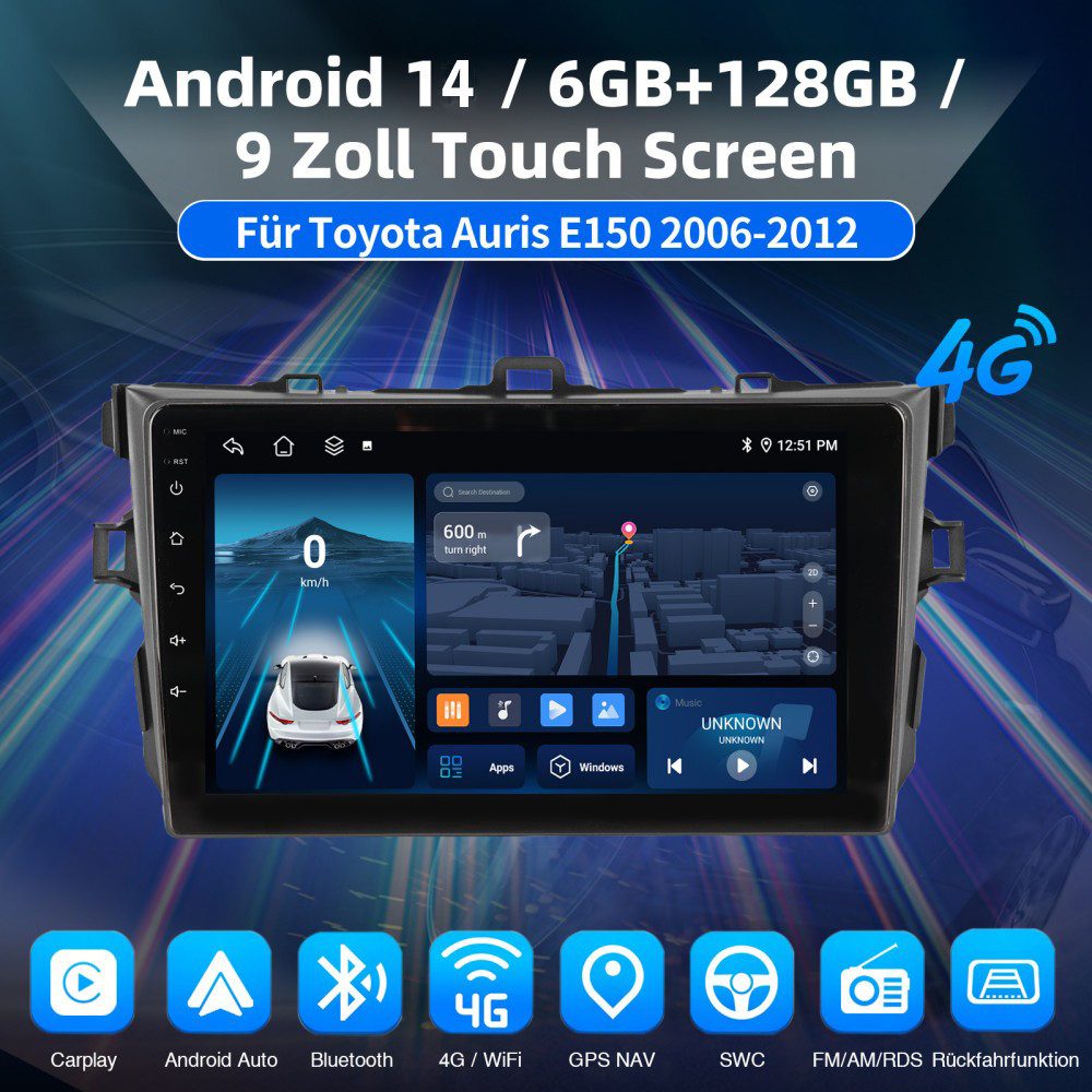 ESSGOO 6+128G DAB+ Autoradio Für Toyota Auris 2006-12 Android 15 Carplay GPS Autoradio (RDS, 6GB+128GB, 4G LTE, FM, AM, DAB+ (optional), ASP, Carplay Android Auto Bluetooth EQ USB GPS Navi WIFI Touchscreen)