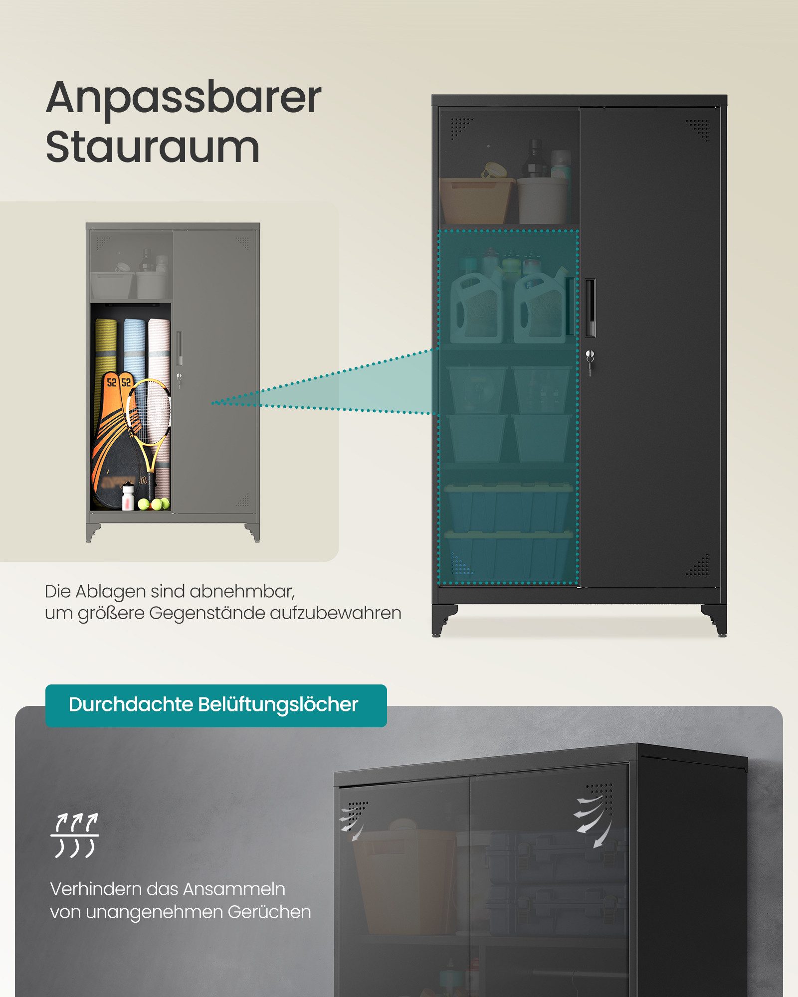 SONGMICS Aktenschrank Mehrzweckschrank, Garderobenschrank, Aufbewahrungsschrank Metallschrank, mit 5 Fächern, Hängestange, abschließbar, hohe Füße – Bild 4 von 5