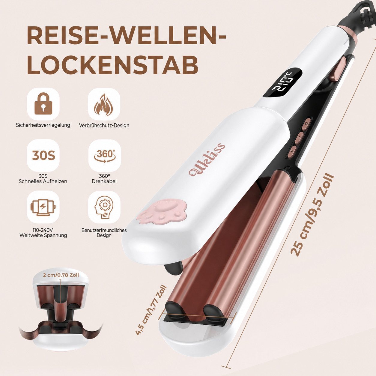 UKLISS Lockenstab 3-Walzen Welleneisen, Mini Reise Lockenstab, für Anfänger geeignet, für natürliche Meerjungfrauen-Wellen, LCD-Display 130–210°C – Bild 4 von 5