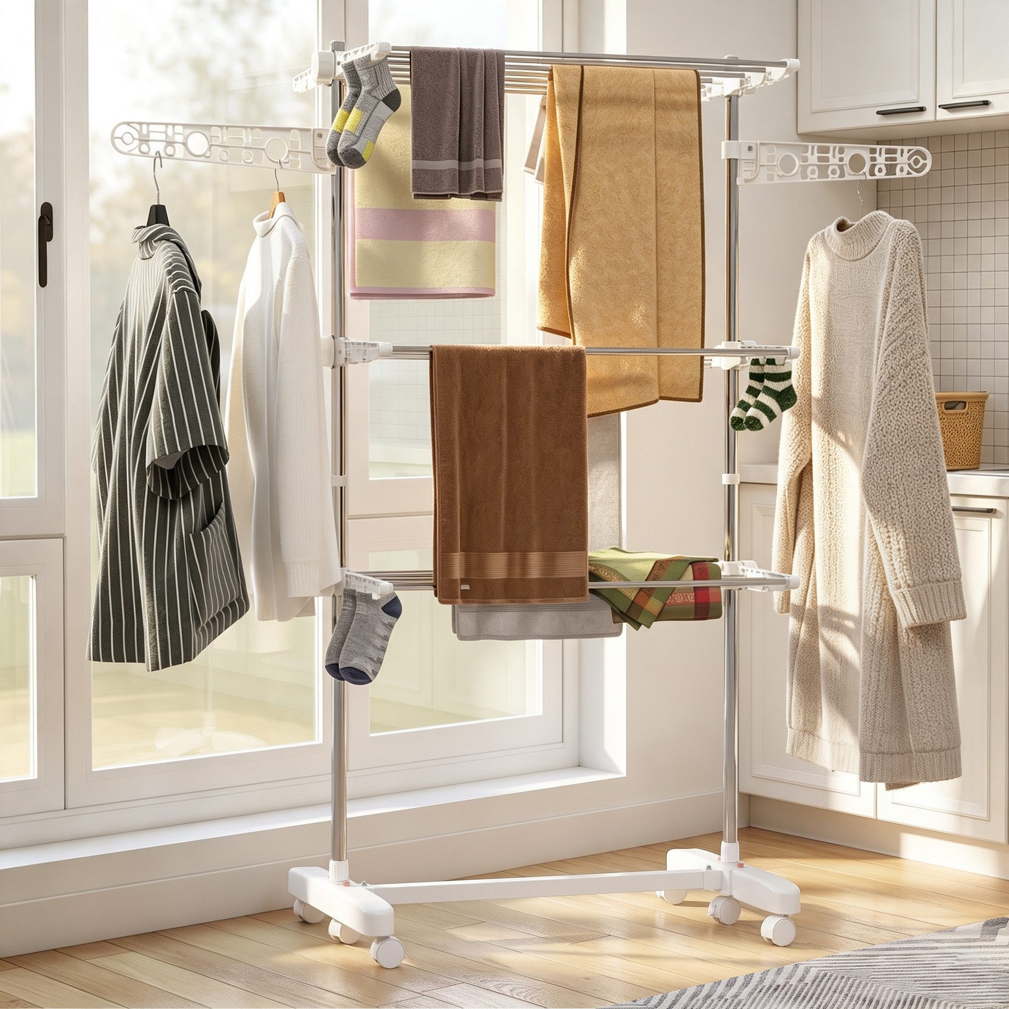 HOMCOM Wäscheständer Turm, Standtrockner, mit 3 Ebenen, klappbare Flügel, für Indoor, Outdoor, Stahl Weiß 80,142 x 55 x 152 cm