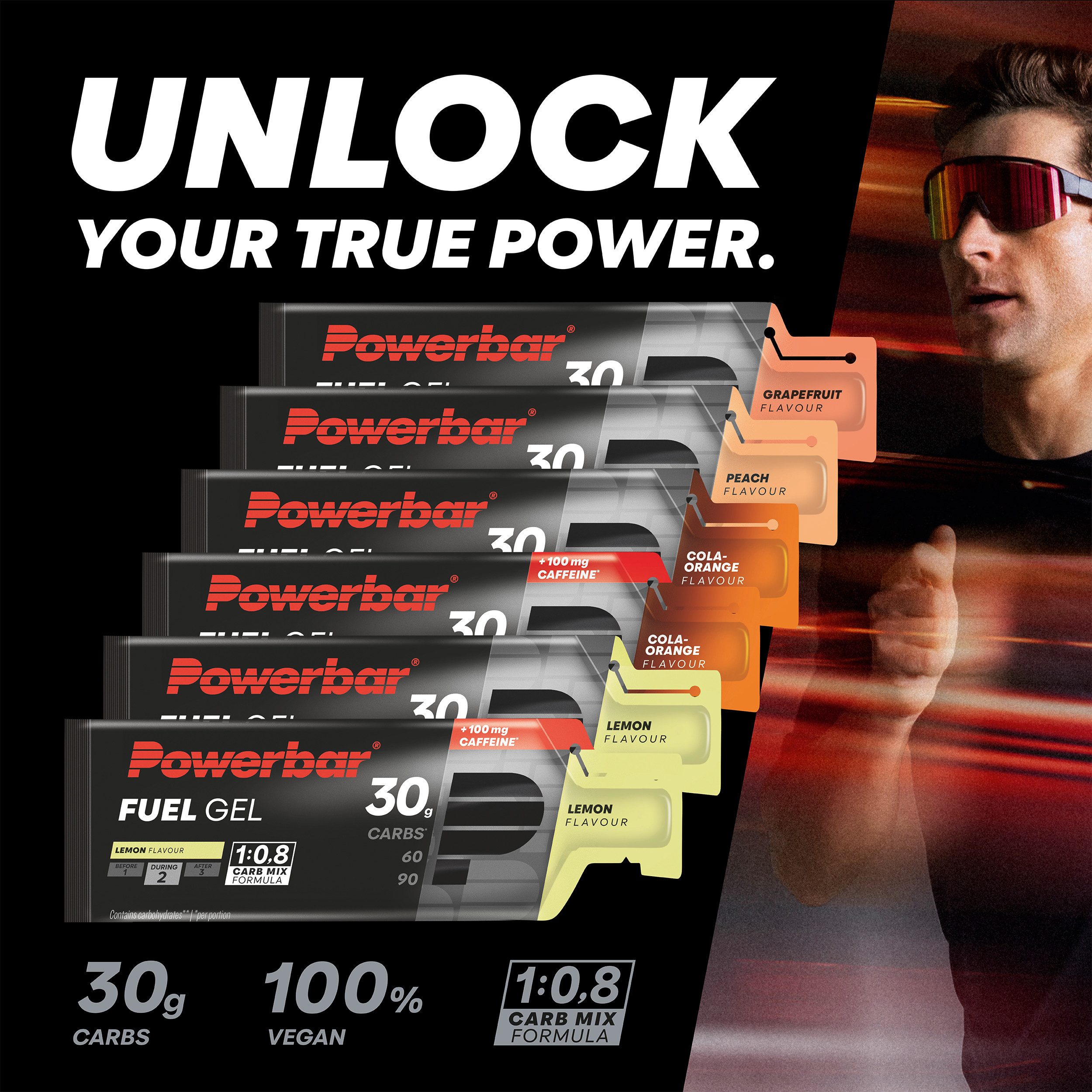 PowerBar Kohlenhydratgel Fuel 30 Gel Black Line Cola-Orange Koffein 12 x 50 ml Gel, 24 er Display à 24 St., 600 ml, Kohlenhydrat-Formel von 1:0,8