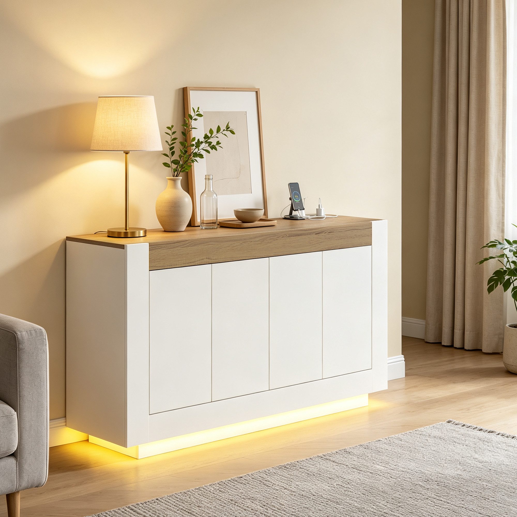 OYRREU Sideboard 138 cm mit LED, 4 Türen, verstellbare Böden, 2-Farben-Design (Wohnzimmerschrank Flurschrank Esszimmerschrank (1 St) TV Kommodenschrank, Schlafzimmer Wohnzimmer Flur Büro Organizer, Kommode Holz Schrank), 138x38x78cm Weiß Naturholz‑Oberfläche, Integrierte Steckdose
