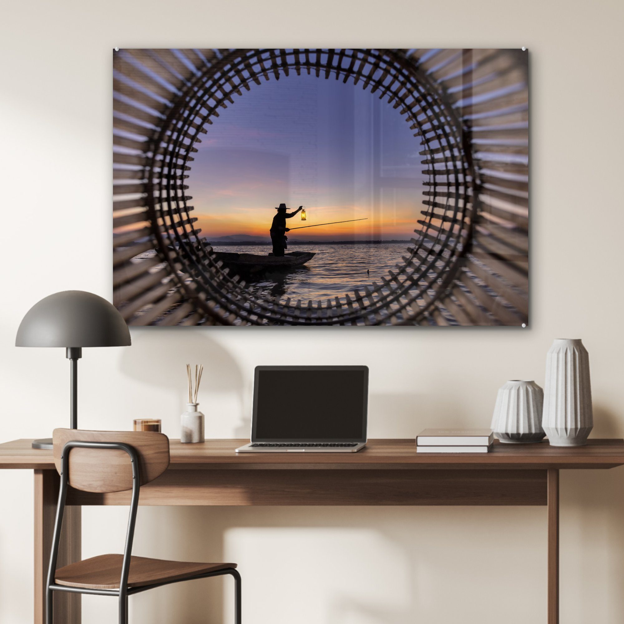 (1 eines Silhouette MuchoWow St), Acrylglasbild Wohnzimmer Schlafzimmer & Fischers Sonnenuntergang, Acrylglasbilder bei