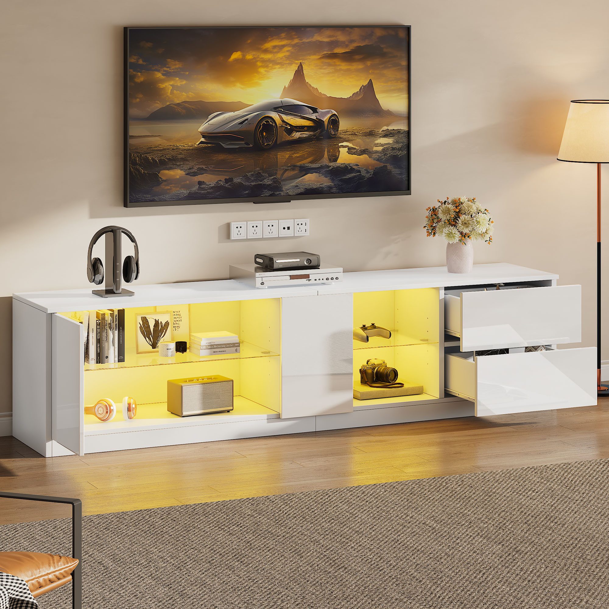Odikalo TV-Schrank TV-Bank Lowboard Sideboard LED Regale Schubladen 160x40x52cm Weiß