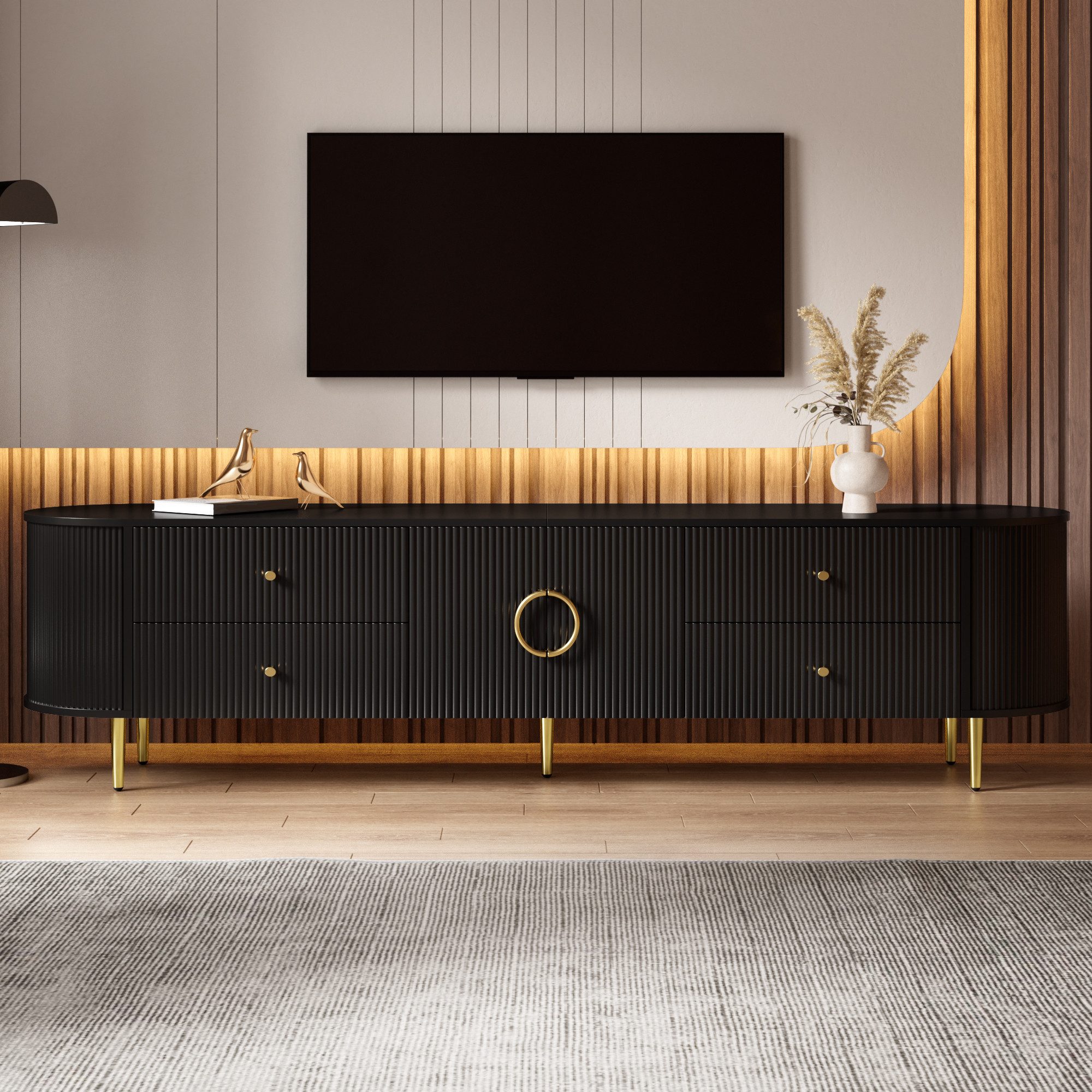 Merax Lowboard mit 3D Wellenfront & abgerundeten Kanten (180 x 40 x 38 cm, 1 St., TV Möbel mit Aluminiumgriffen & Kabeldurchlass), TV-Schrank mit 4 Schubladen, 2 Türen und Eisenfüßen