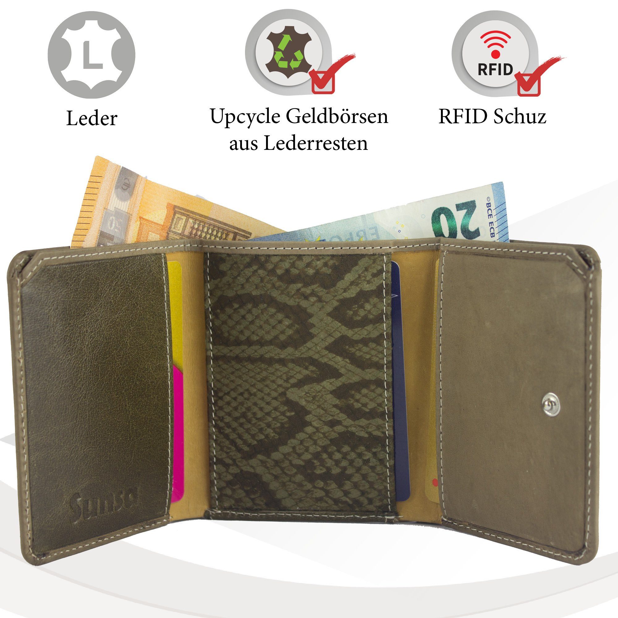 Leder aus Geldbörse dunkelbraun echt mit Portemonnaie Sunsa Unisex Brieftasche Lederresten, Leder, Geldbeutel Damen, klein RFID-Schutz, recycelten echt