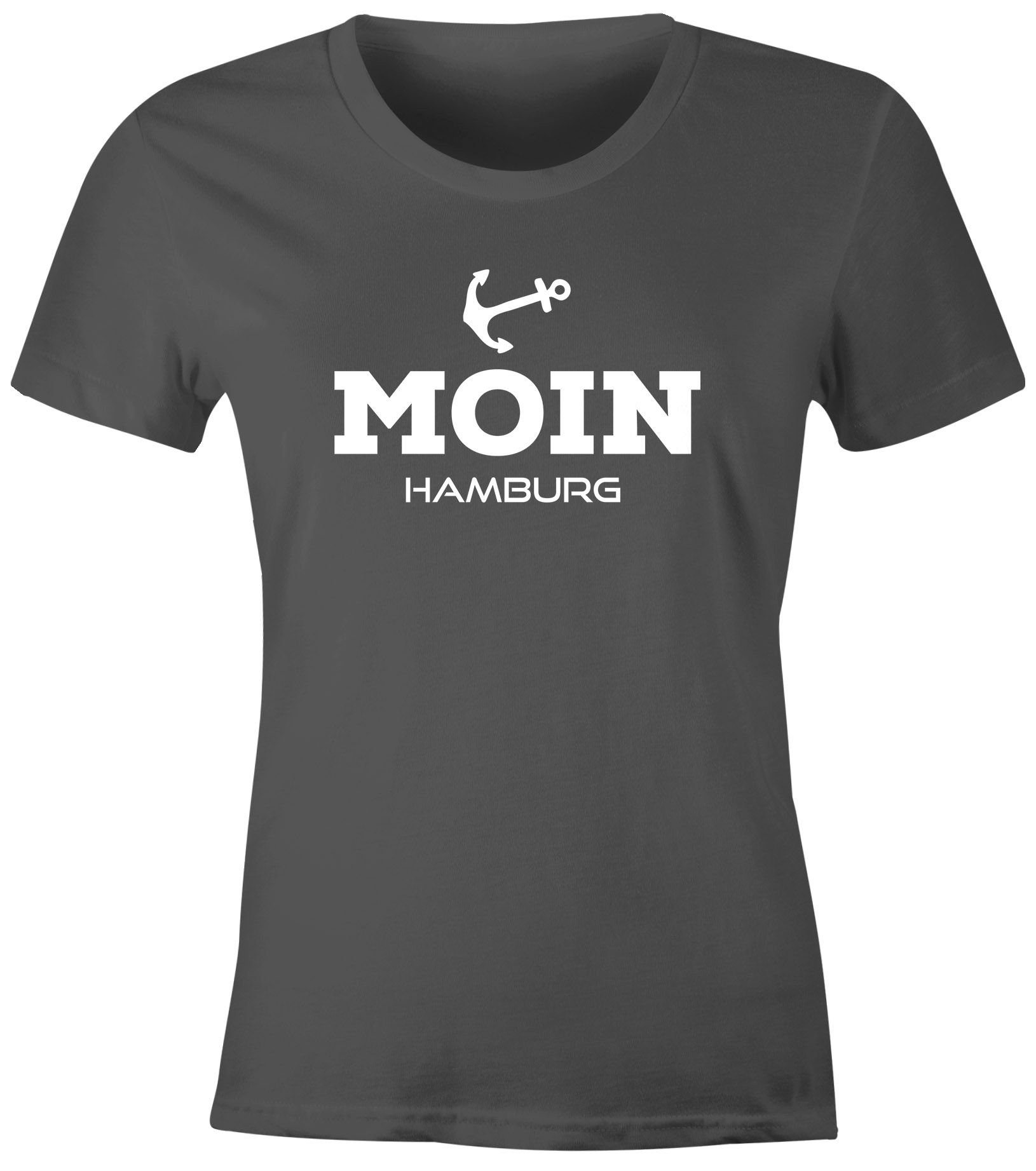 MoonWorks Print-Shirt Damen T-Shirt Moin Hamburg Anker maritime Damen Slim Fit Moonworks® mit Print grau