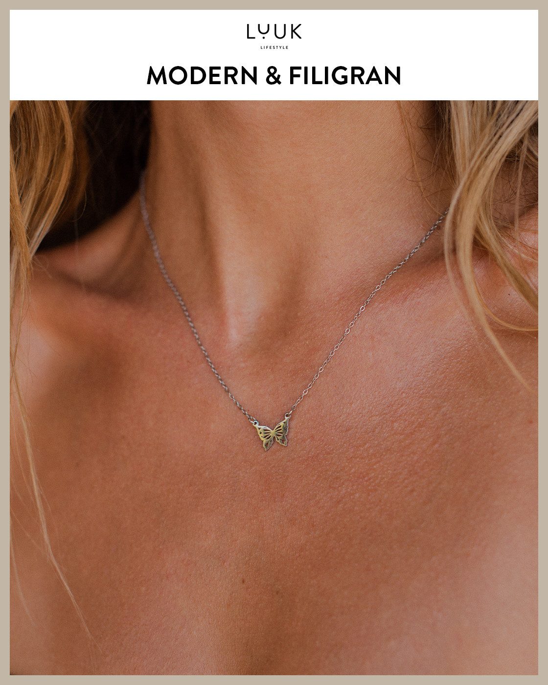 LUUK LIFESTYLE Kette mit Anhänger Schmetterling, mit HAPPINESS Spruchkarte, filigran und feminin