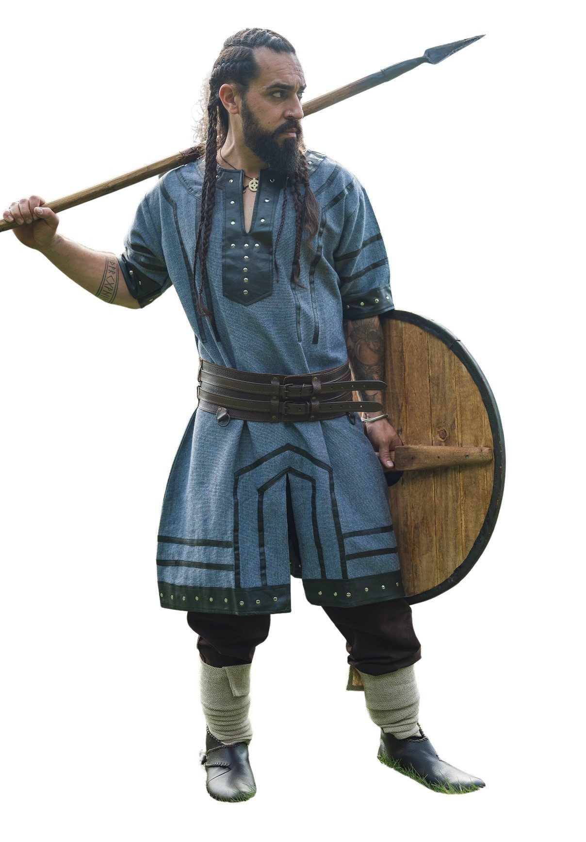 Leonardo Carbone Wikinger-Kostüm Tunika kurzarm "Rollo" mit Echtlederdetails, Metallnieten, geometrische Muster