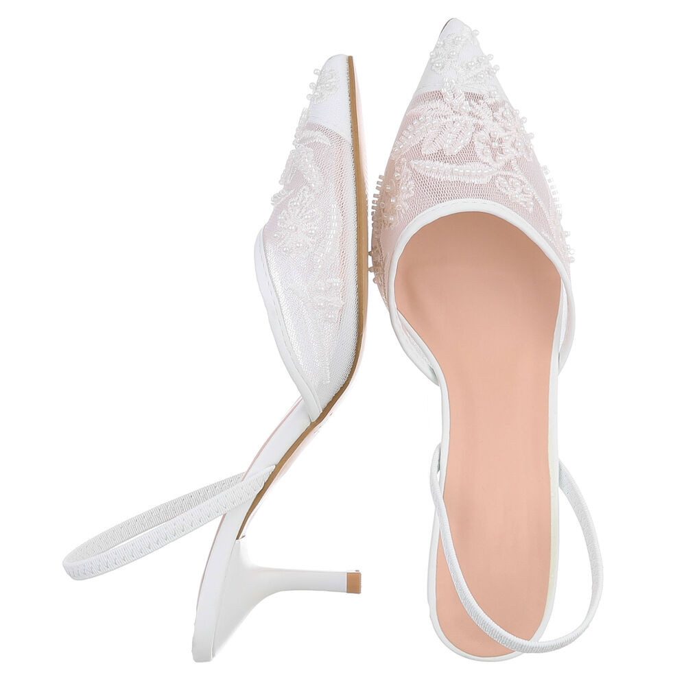 Ital-Design Damen Slingback-Pumps mit Perlenstickerei & High Heel Schnürpumps (92214465) Pfennig-/Stilettoabsatz Pumps in Weiß