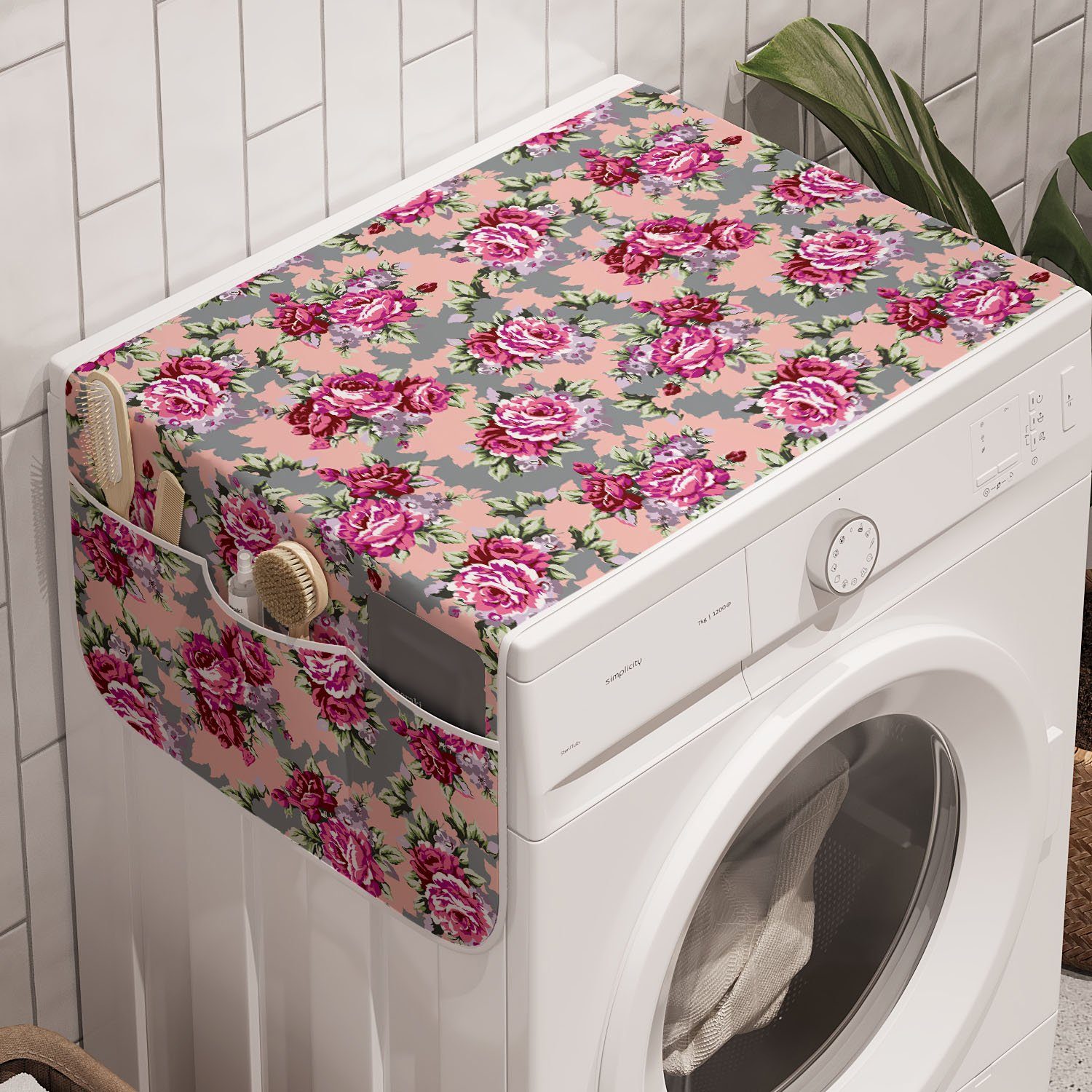 Abakuhaus Badorganizer Anti-Rutsch-Stoffabdeckung für Waschmaschine und Trockner, Pfingstrose Modernisierte Leuchtende Blumen