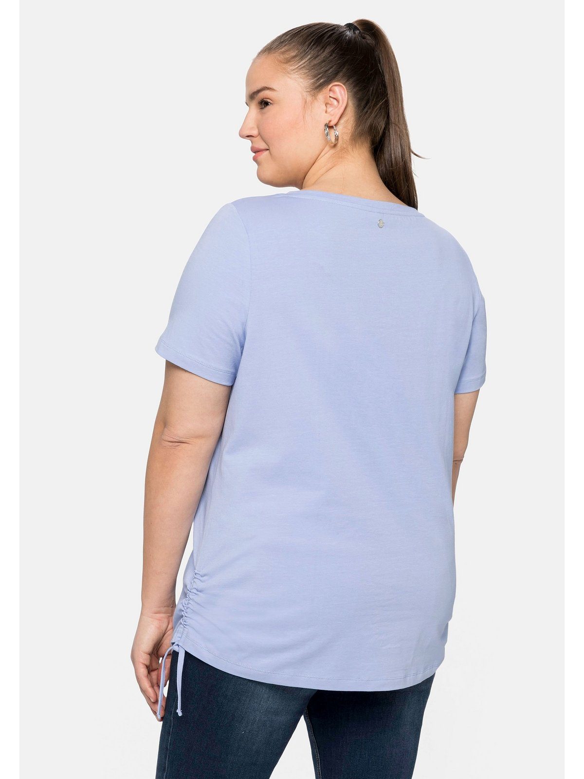 Größen T-Shirt Sheego Bindeband Raffung Große und seitlicher mit mittelblau